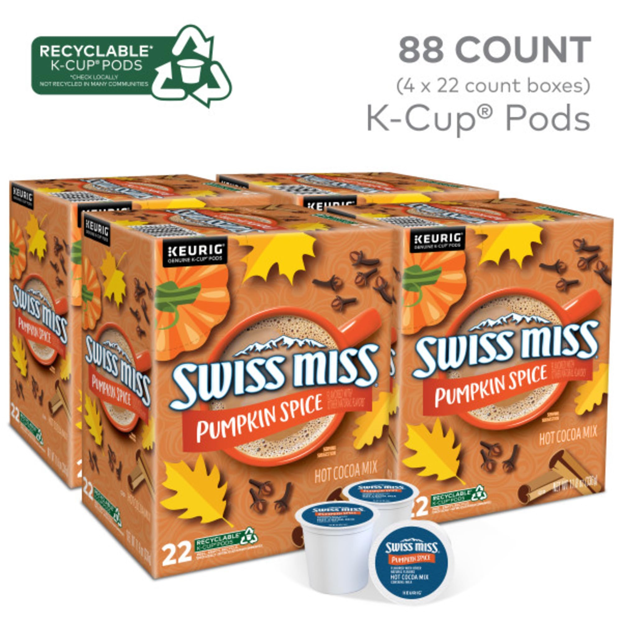 Swiss Miss® Pumpkin Spice Hot Cocoa, Single Serve Keurig® K-Cup® Pods, Hot Cocoa, 88 count (4 Packs of 22)