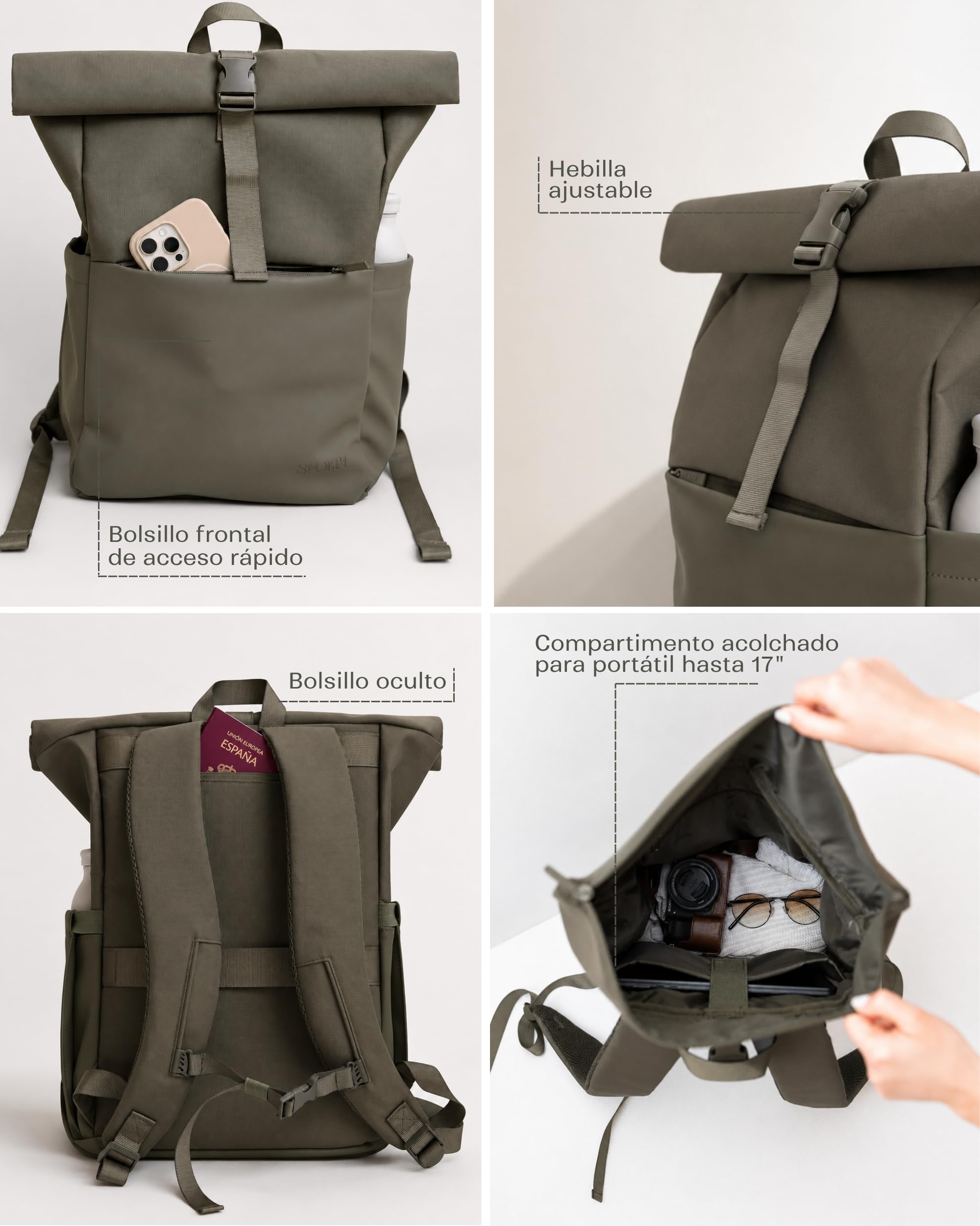 SVOLTA Mochila Portátil Mujer y Hombre, Bolso Enrollable Negro 25L
