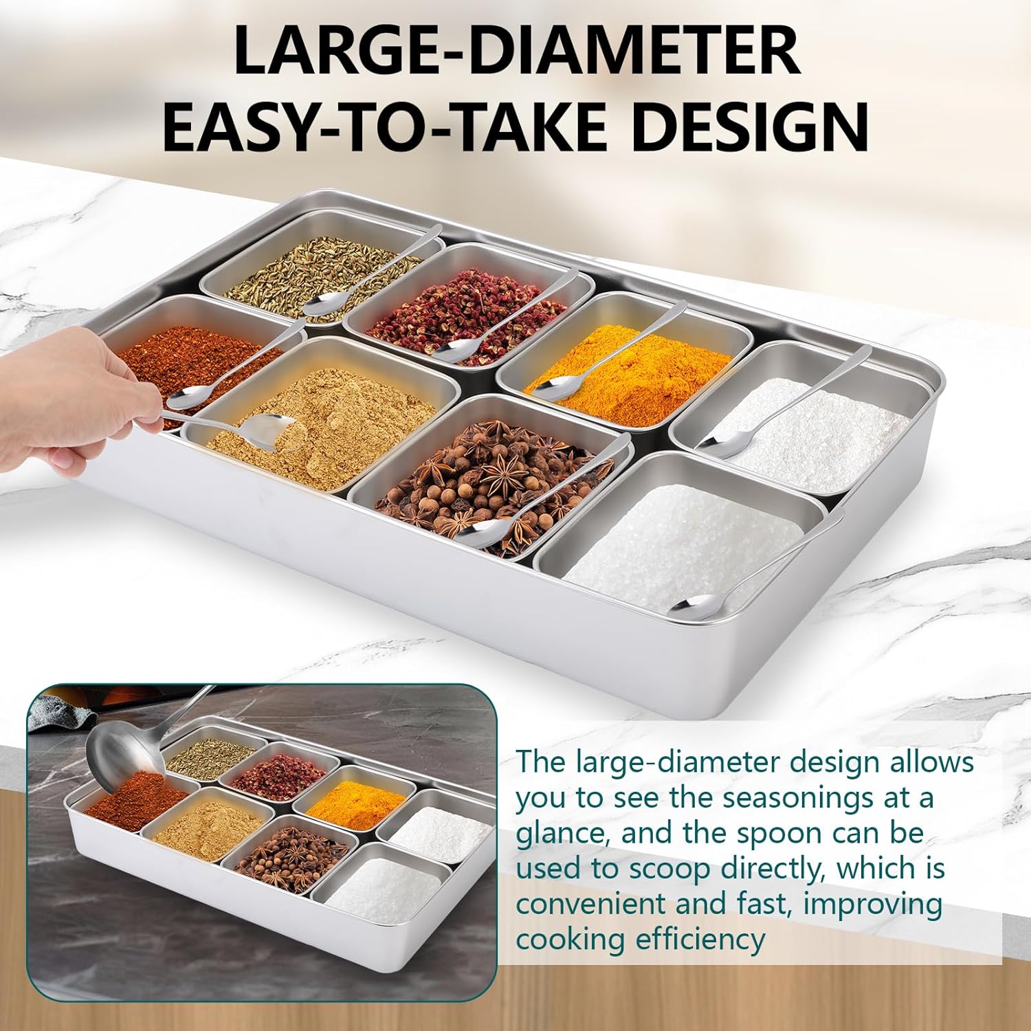 KIMISS Box Seasoning Organizer Box 8 Grids Stainless Steel Jars Spices Container Set Rack with Lids And Spoons for Salt Snacks Flour Dry Goods Fruits - Image 5