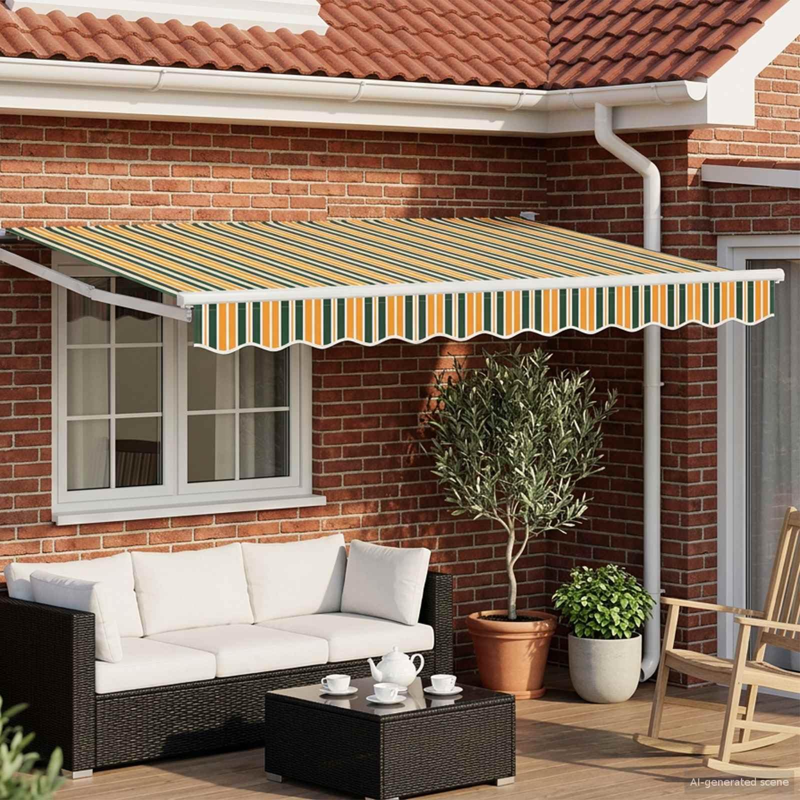 Toldo de brazo articulado eléctrico, 3 x 2,5 m, con panel solar y mando a distancia, toldo extensible de poliéster y aluminio, toldo para terraza y jardín, verde, amarillo y blanco