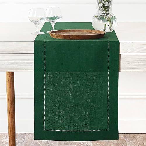 D'Moksha - Camino de mesa navideño - 14 x 60 pulgadas - Verde bosque - Lino 100 % puro con vainica, lavable a máquina - Para decoración festiva de
