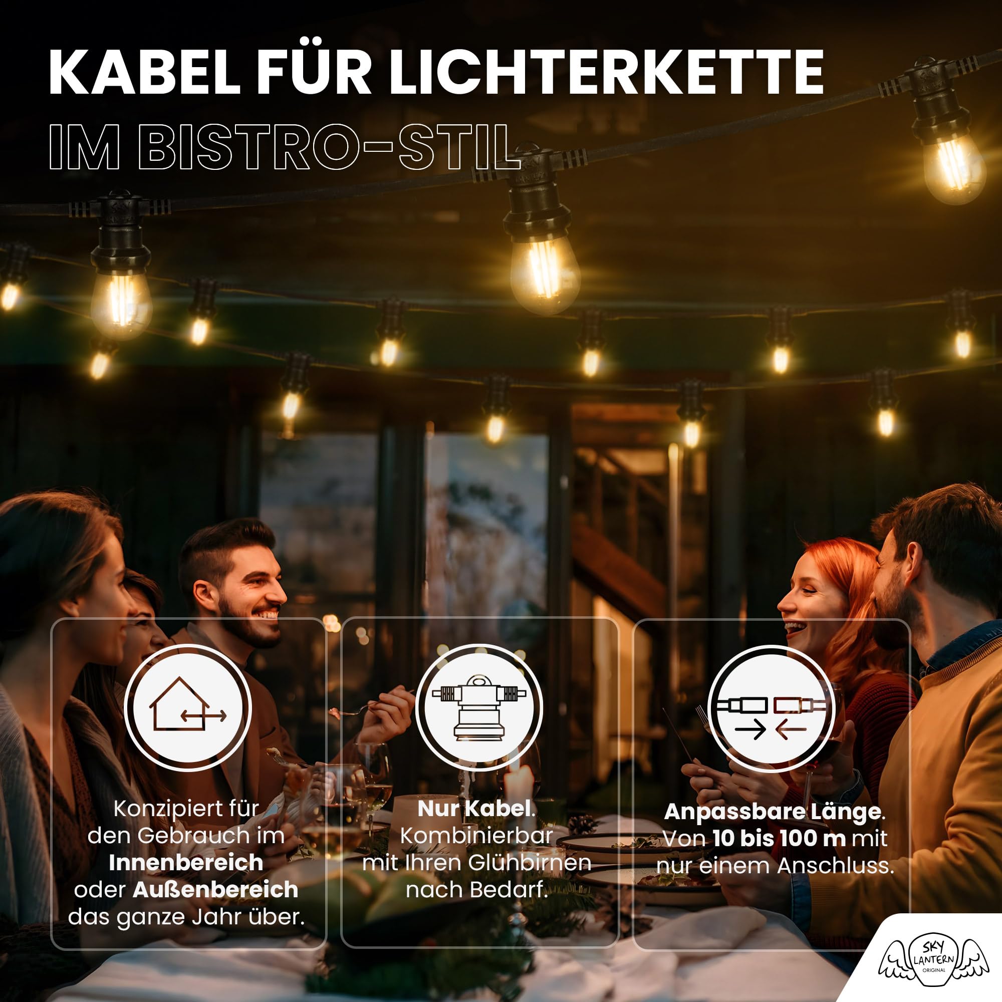 SKYLANTERN® Guirnalda Luces Exterior 20M IP65 Impermeable 40 Portalámparas E27 Negra Conectable - Cadena de Luces para Bombillas LED (no incluidas) - Luces Jardín Terraza Bodas Restaurante