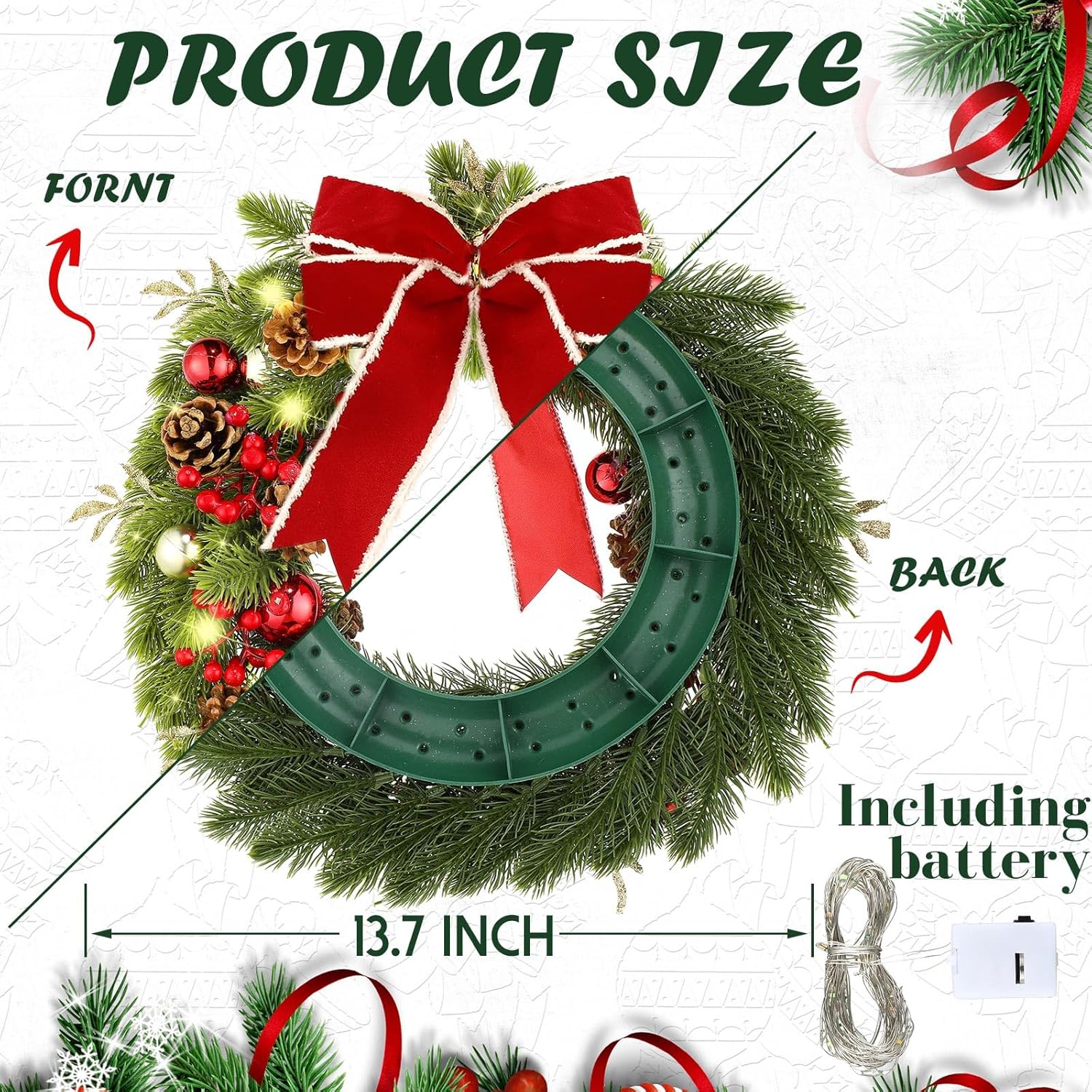 Unittype 2 Pcs 14 Inch Lighted Christmas Wreaths for Front Door with Red Bow, Balls & Berries, Christmas Wreath with Lights Decorations for Indoor Outdoor Fireplace Mantle Wall Window Xmas Decor