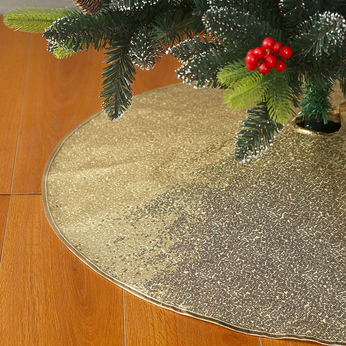 Valorcielo Sequin Christmas Tree Skirt,Glittery Xmas Tree Mat(Golden, 36 Inches)