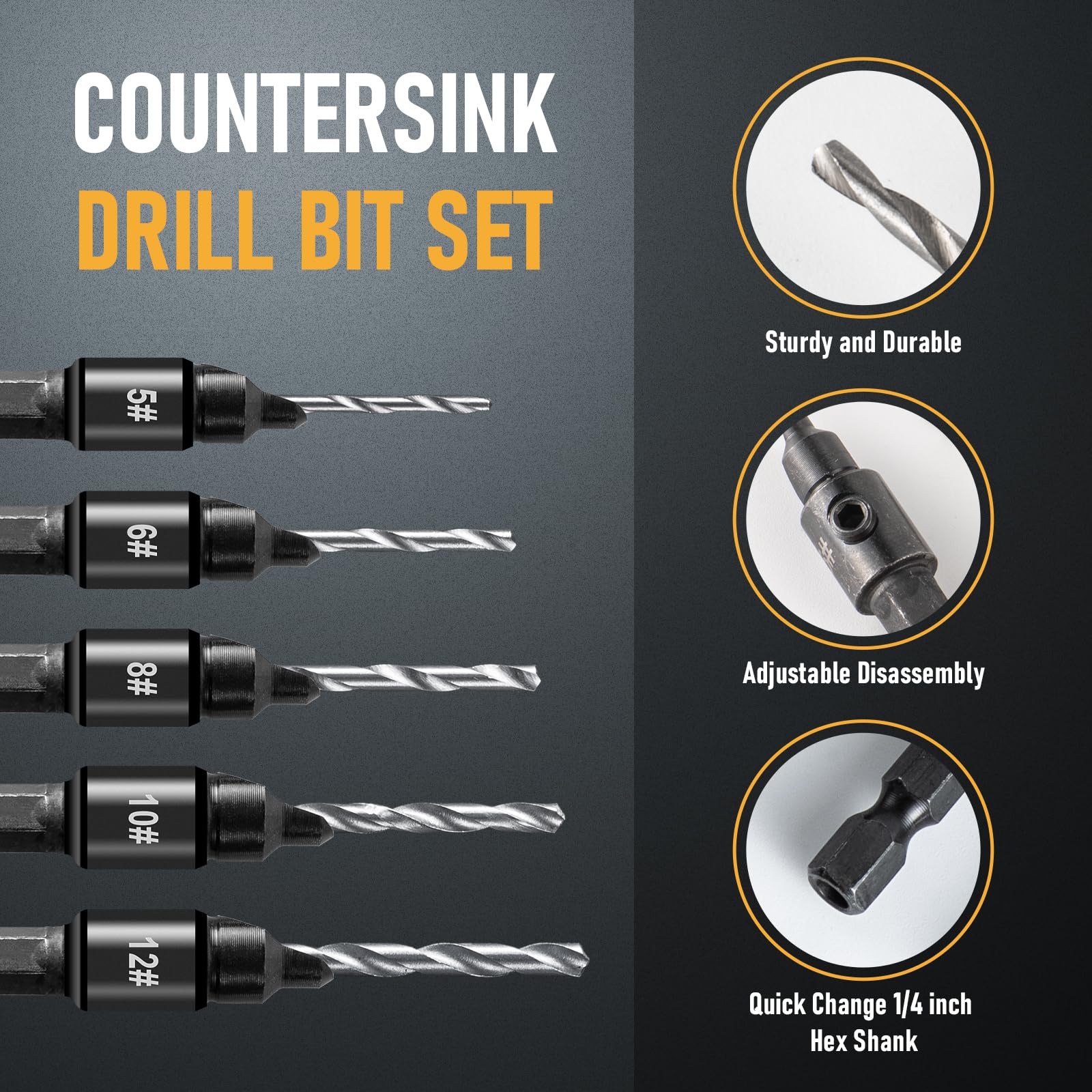 6 PCS Countersink Drill Bit Set, 5 PCS Quick Change 1/4inch Hex Shank Countersink Bit, 1 PCS Hex Wrench - Image 3