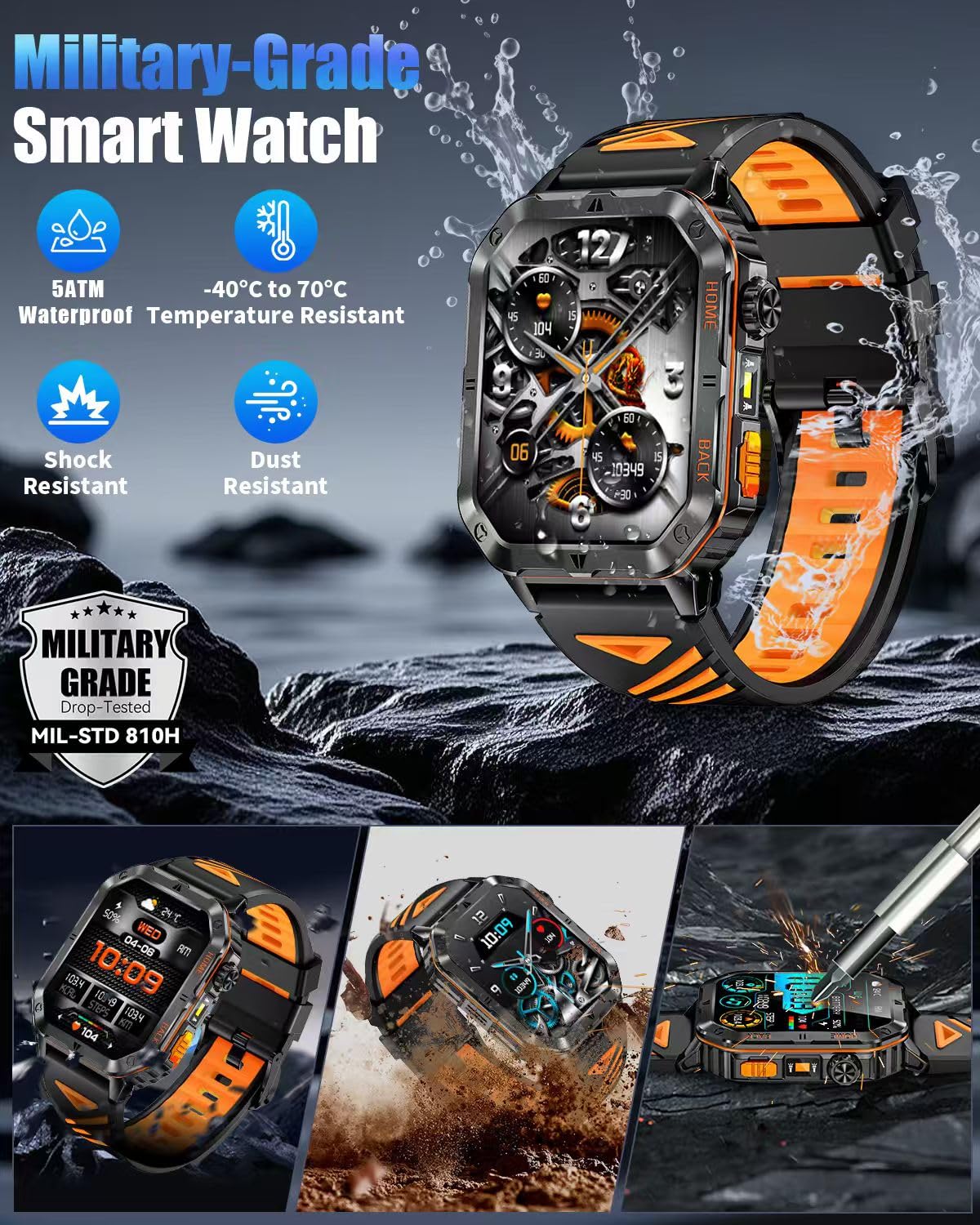 Military Smarty Watch for Men, 2.01" Smartwatch with 1200mAh Battery, Flashlight, Answer/Make Calls, Heart Rate/Sleep Monitor 100+ Sport Modes Fitness Tracker for Android/iPhone