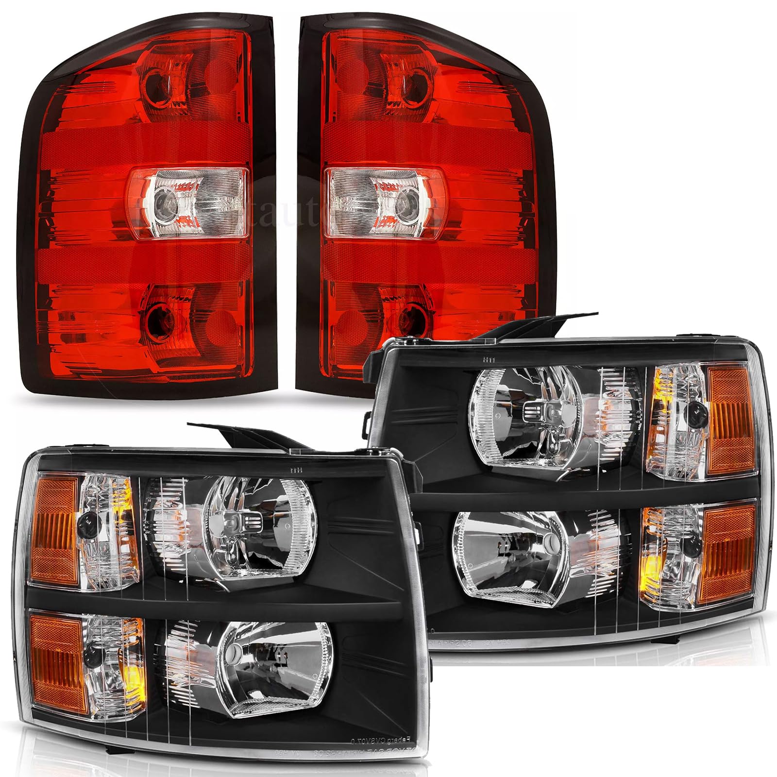 Headlights Tail Lights Combo Compatible with Chevy Silverado 1500 2007 2008 2009 2010 2011 2012 2013 Chevrolet 2500 3500 HD 2500HD 3500HD Replacement Headlight Rear Brake Lamp Assembly, Black