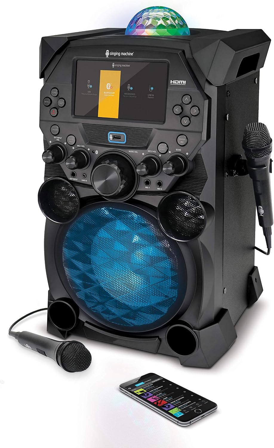 Back view of the Singing Machine Festival SDL9050 with its retractable handle extended and wheels visible.