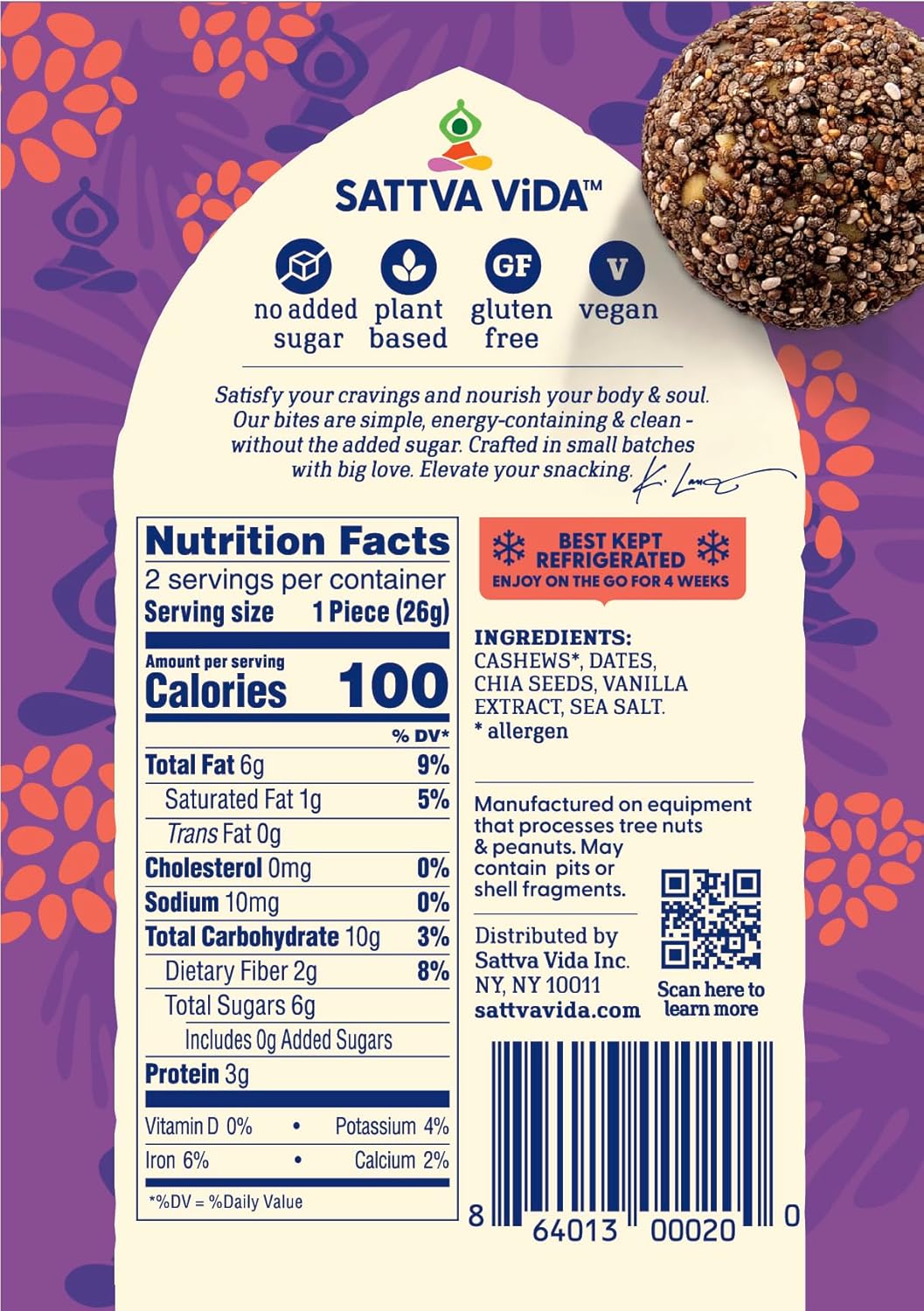 Sattva Vida Energy Bites - Chia Crunch - Case of 10 with 2 Pieces per Pack, Dates and Nuts - Cashews, Dates and Chia Seeds. Healthy Minimal Satisfying