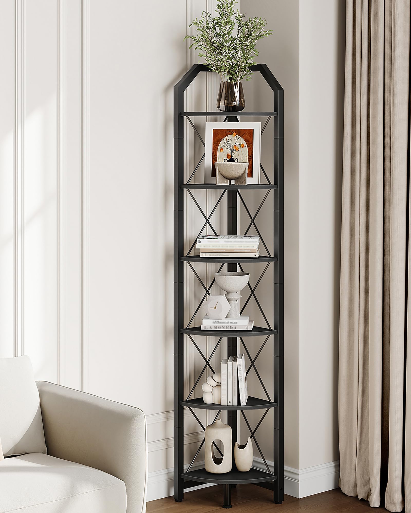 6-Tier Corner Shelf, Industrial Corner Bookshelf, 71.2