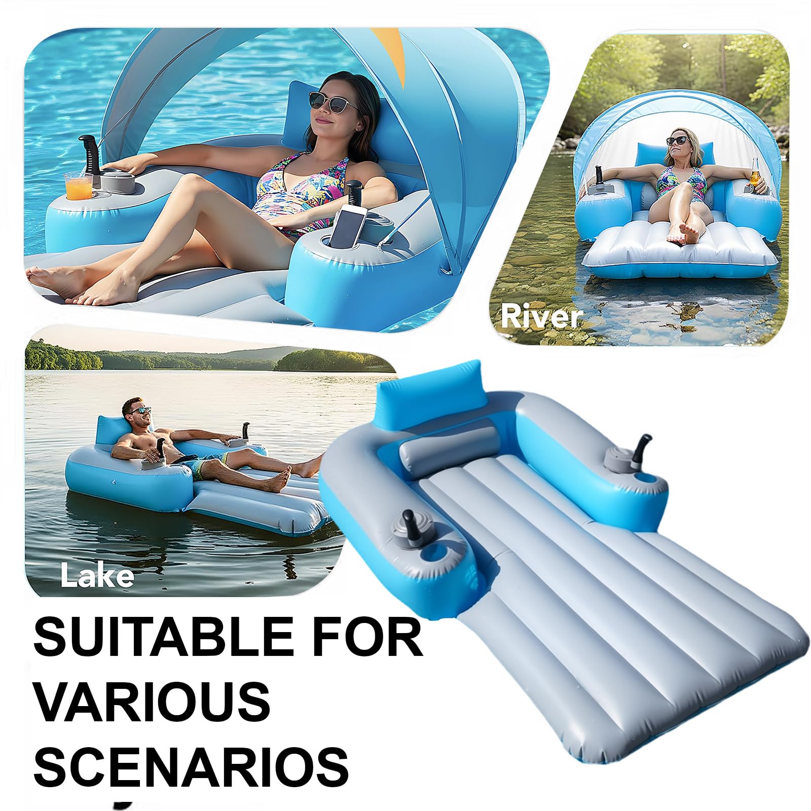 Lettino motorizzato per piscina, galleggiante motorizzato con tettuccio parasole staccabile, elica elettrica girevole a 360 gradi, zattera galleggiante in PVC resistente per piscine, laghi e feste in