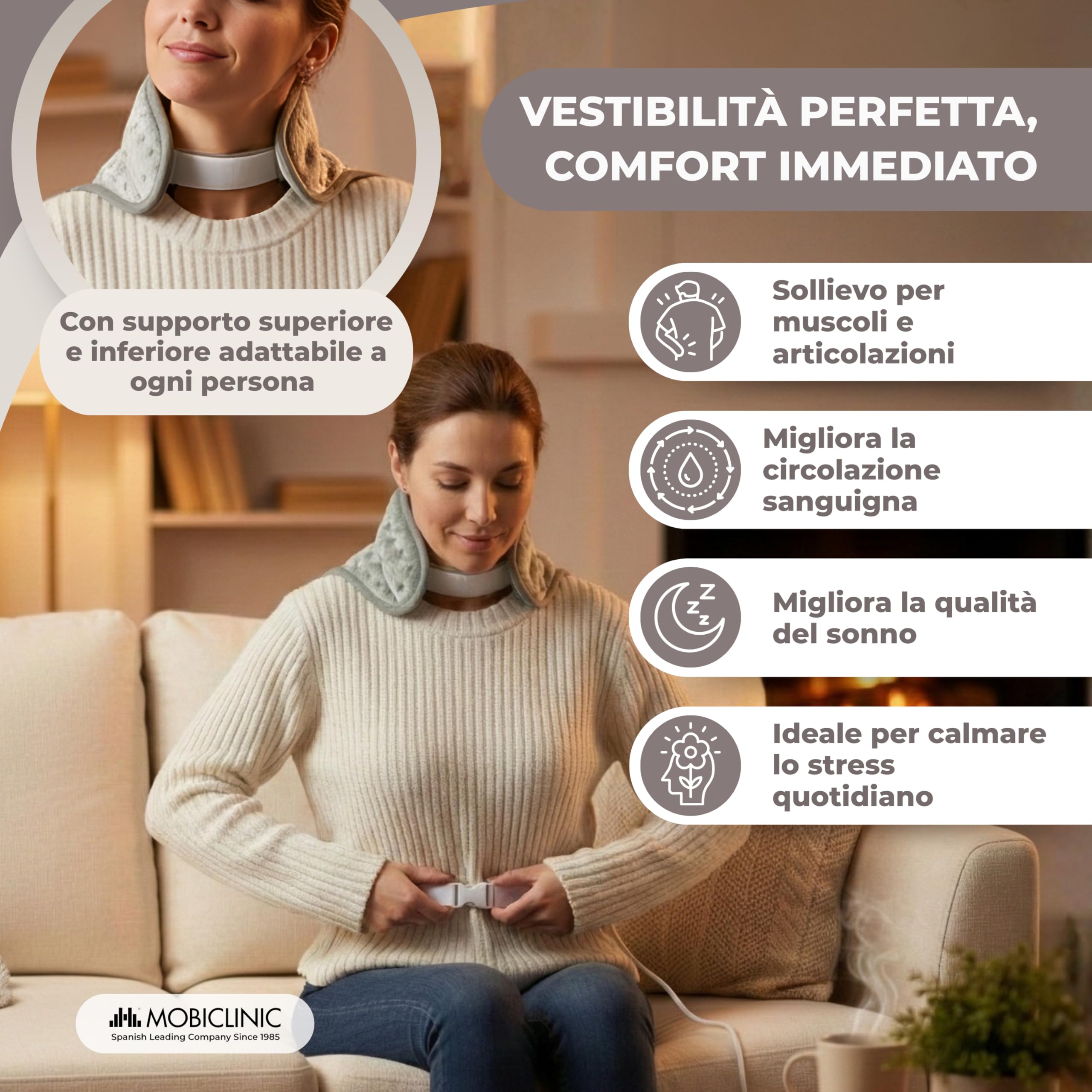 Mobiclinic®, Termoforo elettrico, Cuscino termico per collo e spalle, Basso consumo, 3 livelli di calore, Spegnimento automatico, Zona lombare cervicale, Lavabile, 62x43