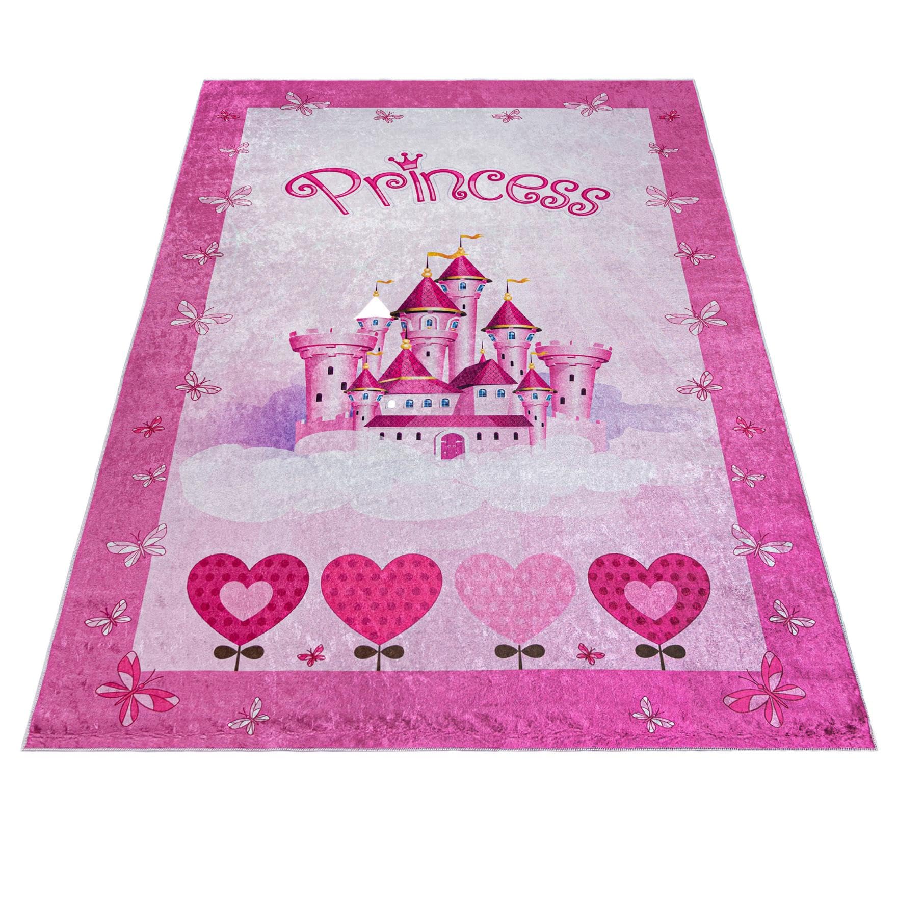 Mazovia Tappeto Salotto - Tapeto Stampato Pelo Corto - Morbido Tappeto Camera da Letto - Antiscivolo Tapeto EMMA - Tappeto Bambini Motivo Castello della Principessa - Rosa Pink 140x200cm