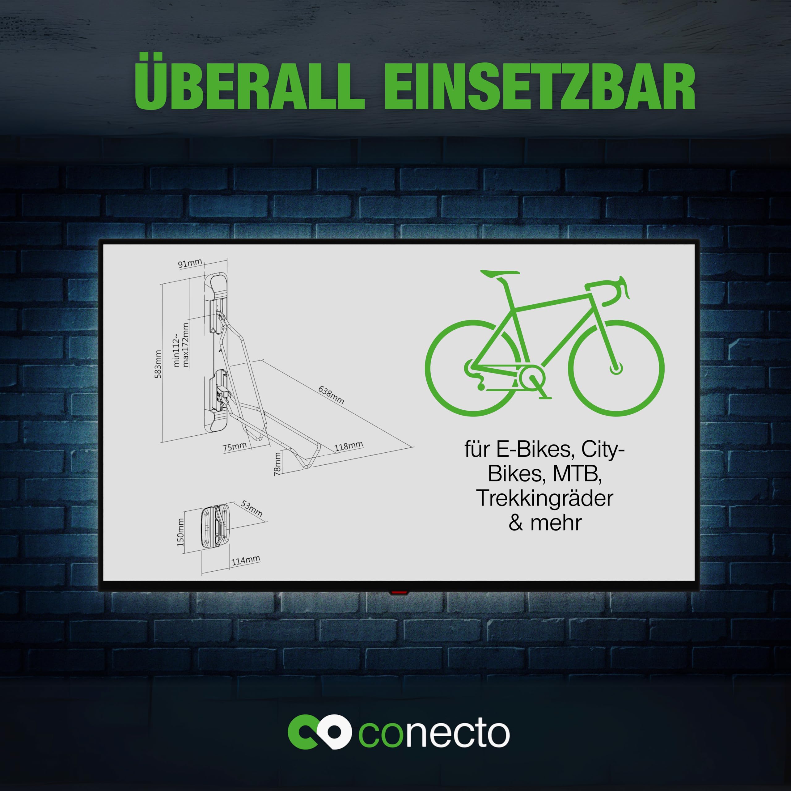 conecto Fahrrad Wandhalterung, Fahrradhalterung, Fahrradhalter, schwenkbar, höhenverstellbar für MTB, E-Bike bis 35 kg, Fahrradwandhalterung, Fahrrad Aufhängung Keller Garage Wand, Schwarz