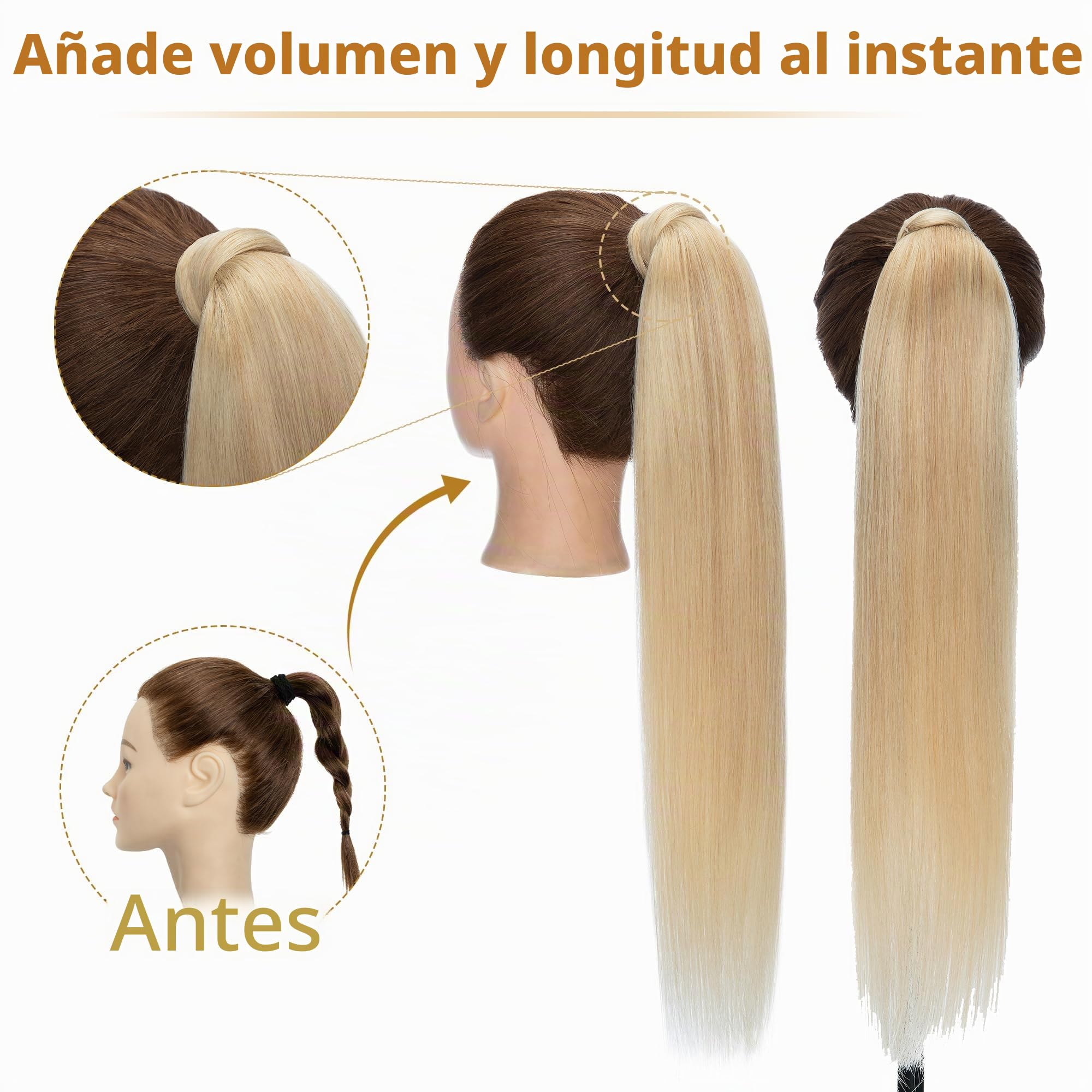 14"(35cm) SEGO Coleta Postiza Lisa Pelo Natural [#18/613 Rubio Ceniza/Blanqueador Rubio] Extensiones de Cabello Humano Clip Remy Ponytail Extension Human Hair (80g)