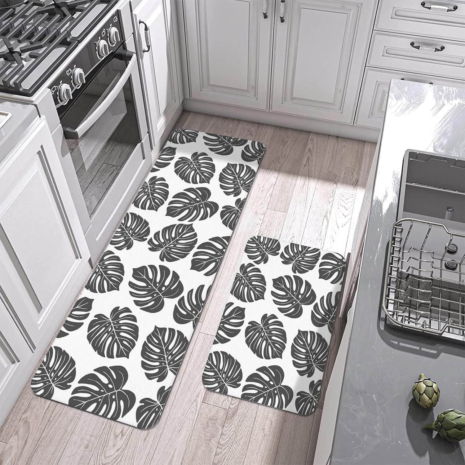 Black Monstera Leaf Kitchen Mats Set of 2 Tropical Botanical Minimalist Modern Non Slip Mat Washable Floor Rug for Kitchen Sink Floor Laundry, 20"x24"+20"x48"