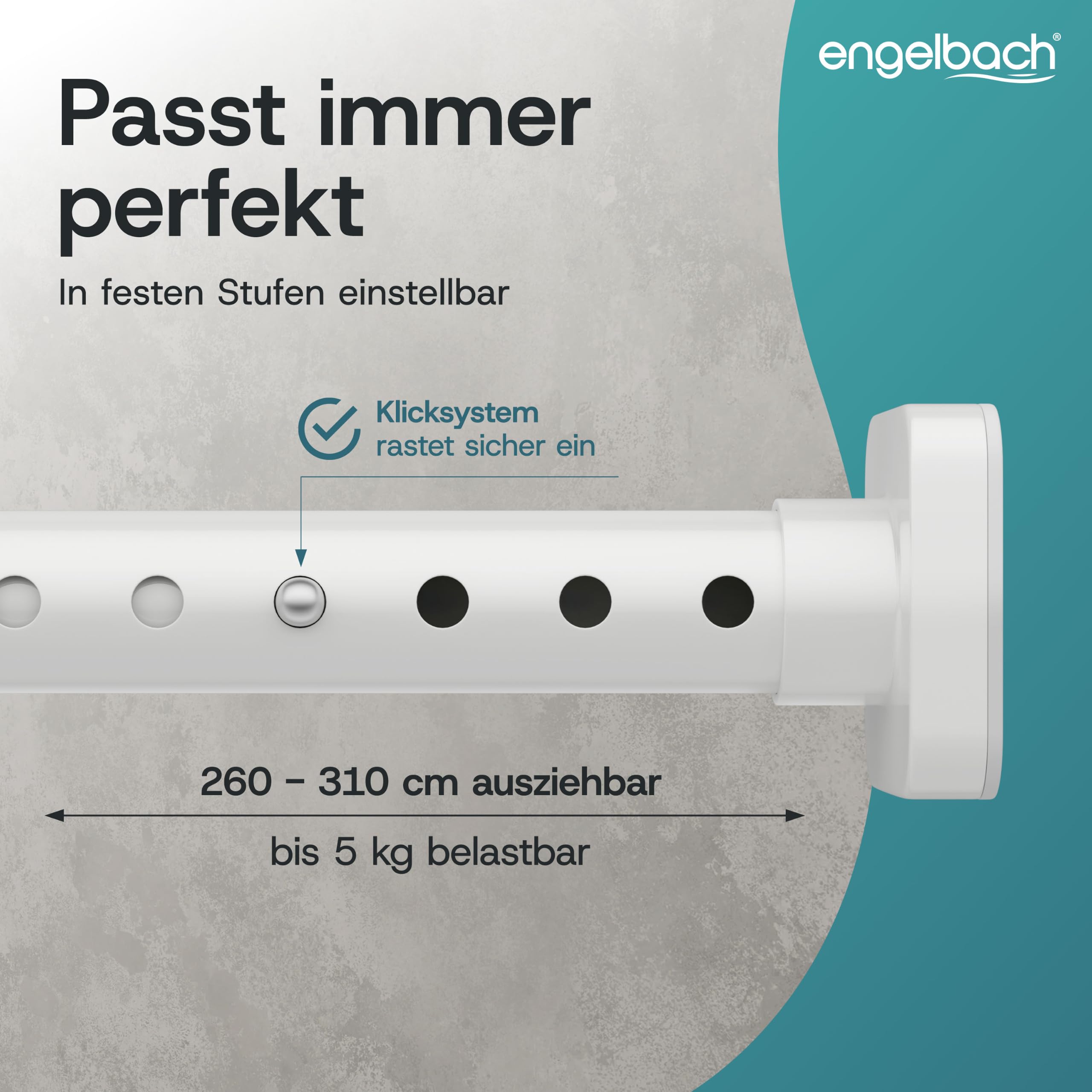 Engelbach® Gardinenstange ohne Bohren (Ø 32 mm) - Individuell anpassbare Teleskopstange - Massiver Kabonstahl für stabilen Halt, Vorhangstange, Duschvorhangstange, 260-310cm Weiß