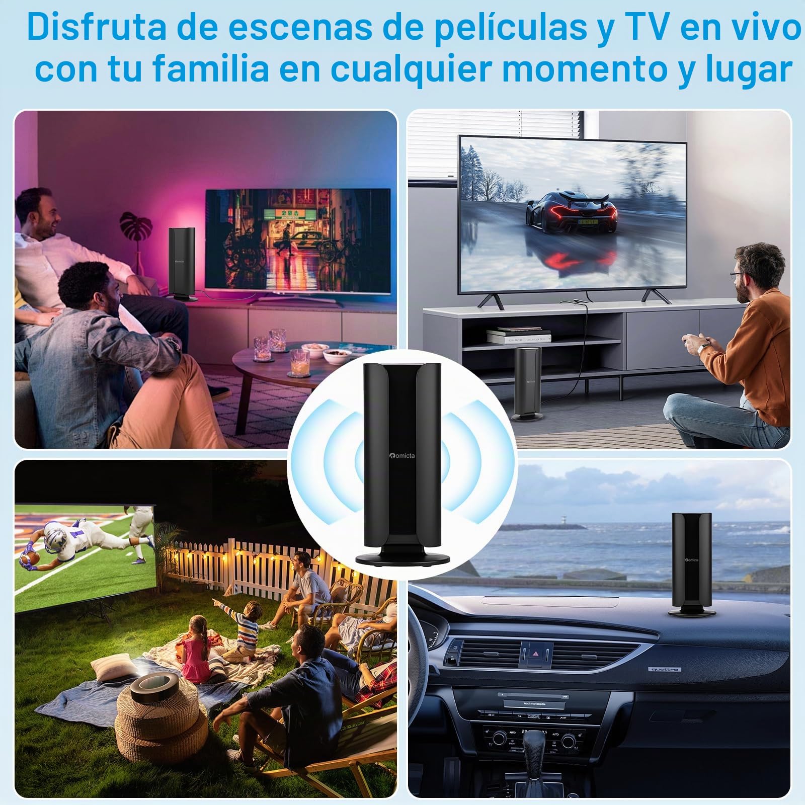 Romicta Antena TV DVB-T2 para Interior con Amplificador, Antena TDT DVB-T & DVB-T2, Dab/Dab+, Alcance Largo 360°, para Televisores 4K 1080p, Cable Coaxial de 5 m
