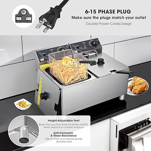 Miniatura 5 de WeChef Freidora comercial de 24 litros de doble tanque con cesta Freidora eléctrica de acero inoxidable para uso en restaurantes, dos enchufes de 6