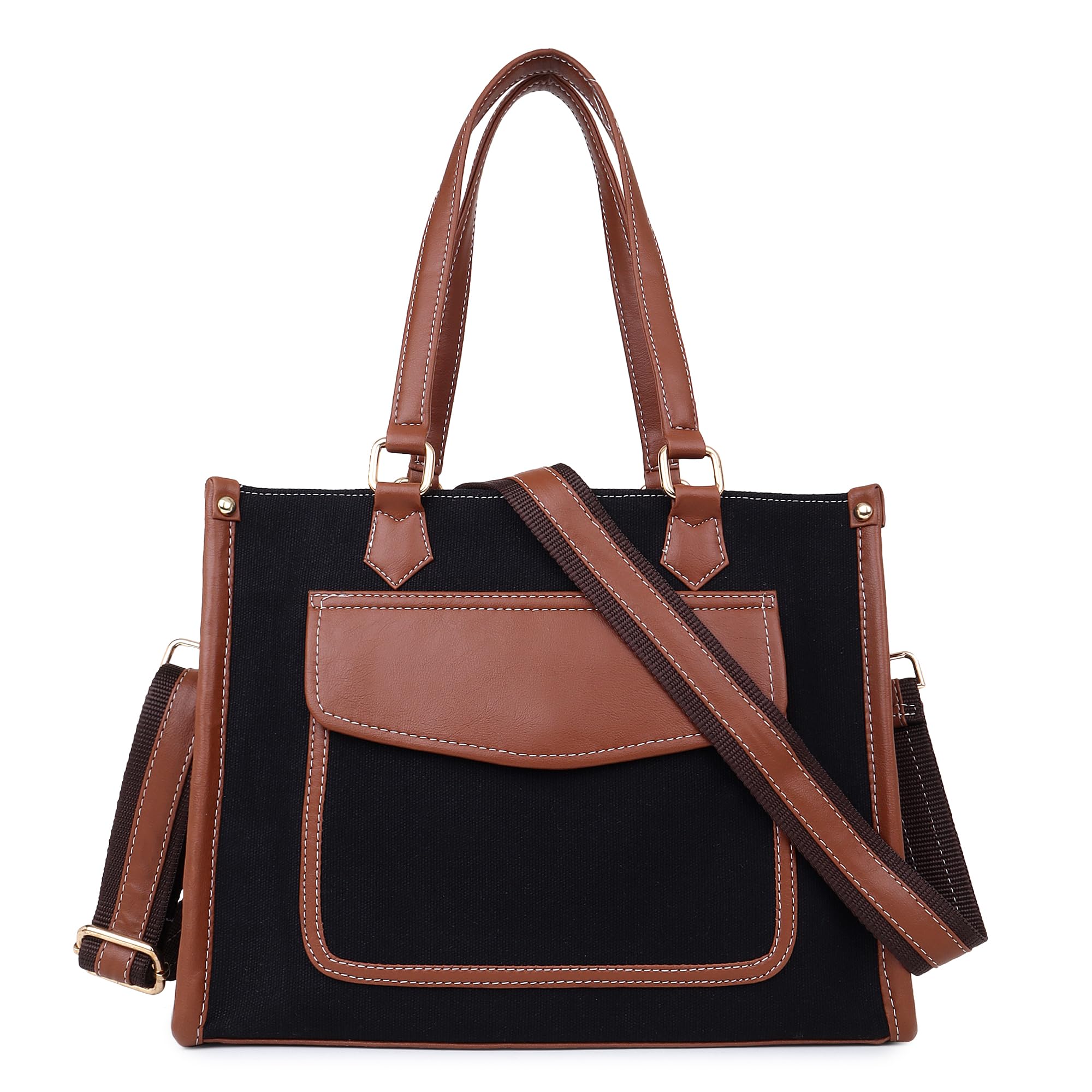 Womanix Womens Tote Bag Front Pocket Canvas Bag 12 Inch Laptop Work Shoulder Bags Casual Small Briefcase Handbag For Travel, Office, College (0044, Black Tan) (B0CN5XCW1R) Amazon Price History, Amazon Price Tracker