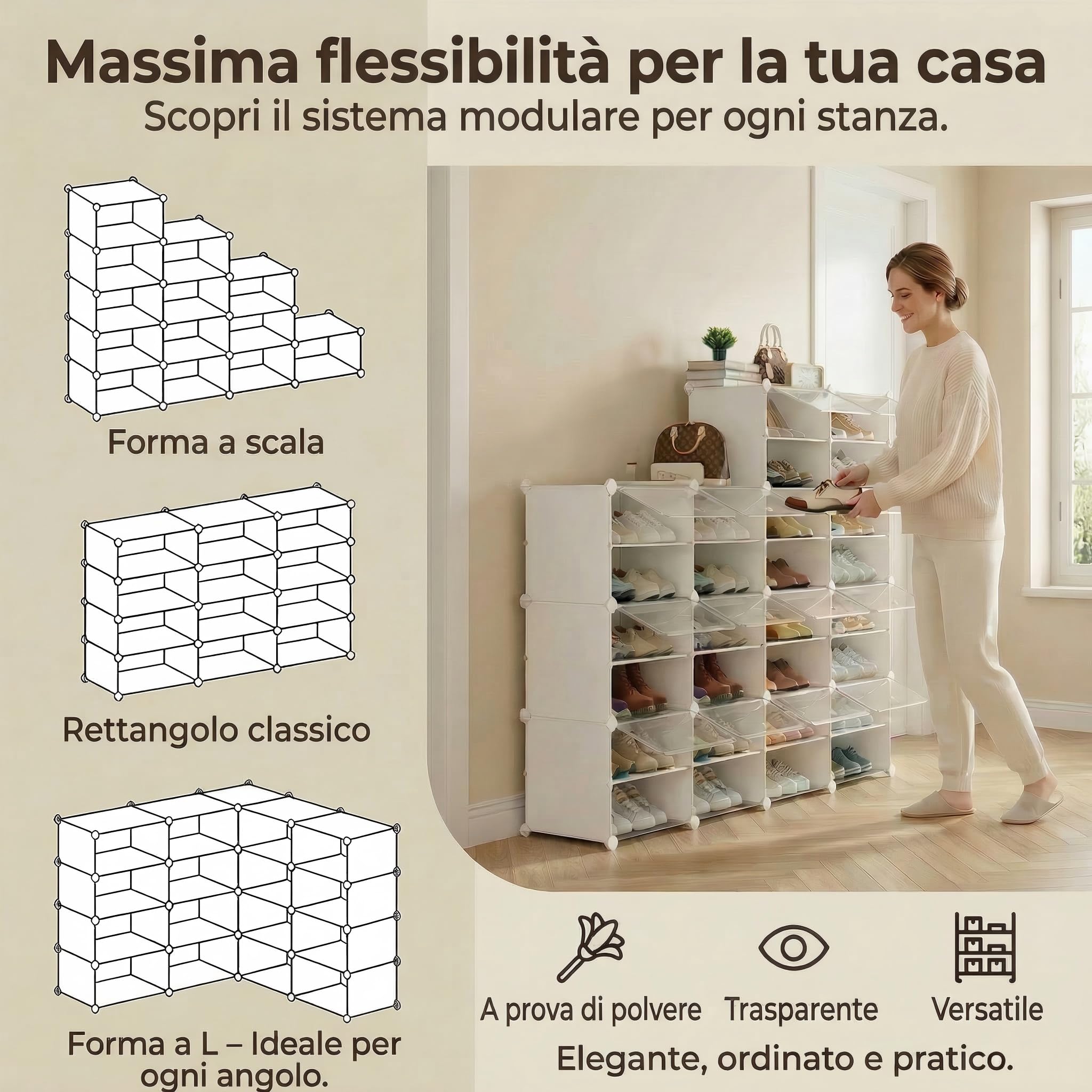 Scarpiera salvaspazio a 32 scomparti con porta, scarpiera modulare in plastica chiusa bianca, mobile per scarpe ingresso fai da te per corridoio camera da letto