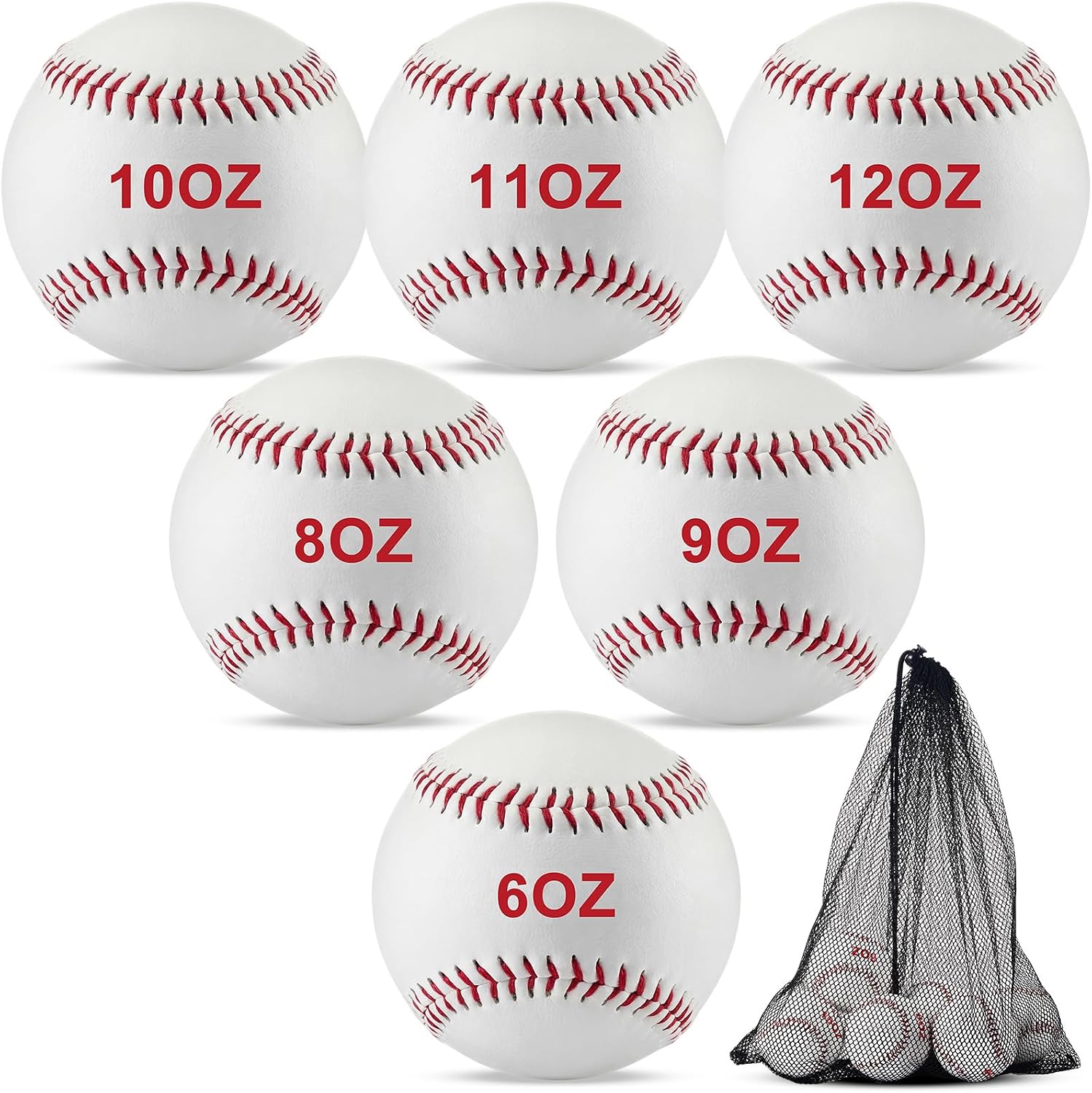 Jenaai 6 Pcs Weighted Training Baseballs Bulk 6oz to 12oz Weighted Softballs with Drawstring Bag for Hitting, Pitching Practice Strength Development