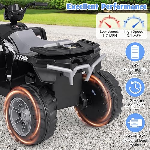 Miniatura 5 de HONEY JOY ATV para niños de 24 V, 4 ruedas, juguete de ATV para niños grandes, luces LED, velocidad altabaja, neumáticos con pisadas, música,
