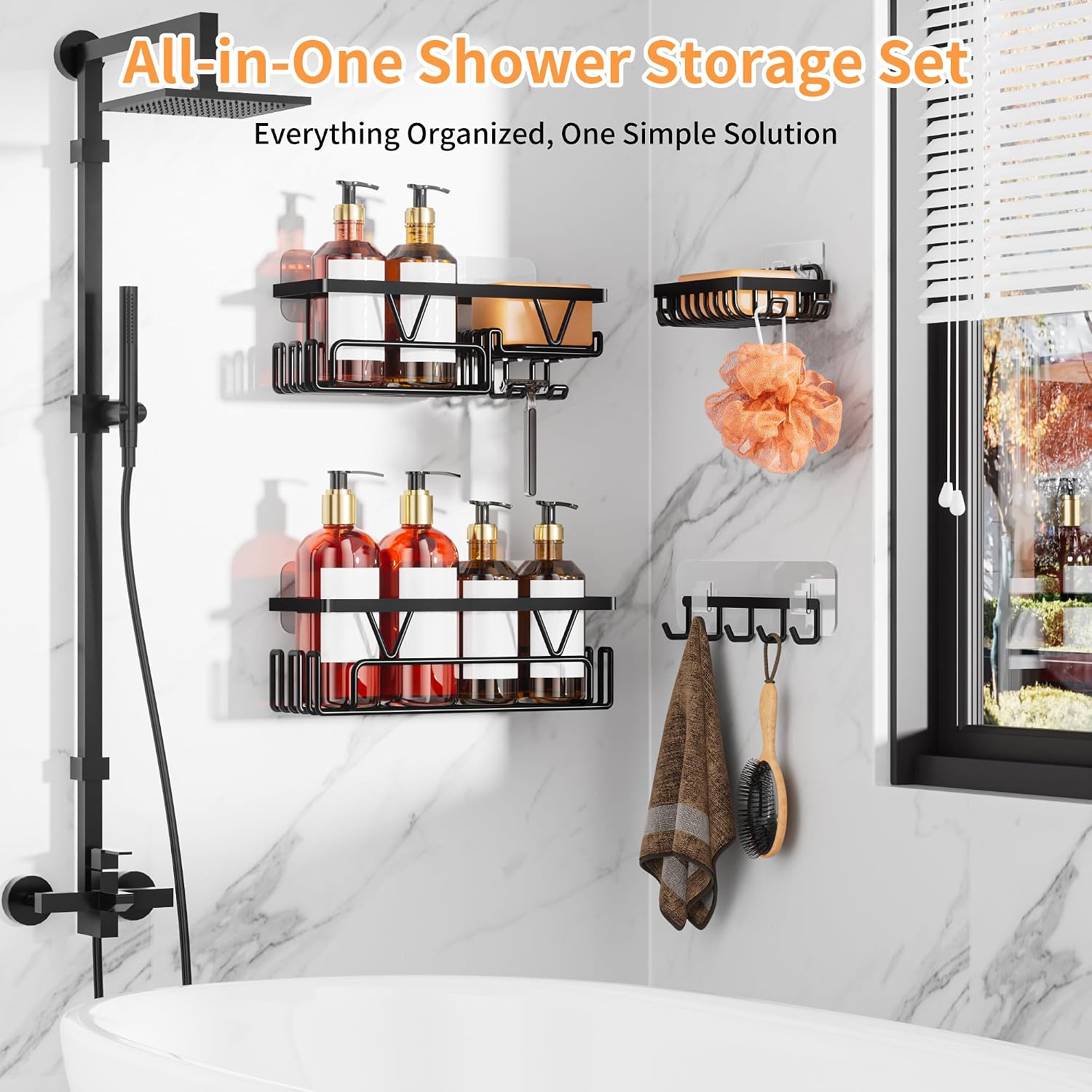 KEGII Adhesive Shower Caddy 4 Pack, No Drilling Shower Organizer with Towel Rack, Hooks & Soap Holder, Self-Adhesive Bathroom Shelves Rack for Space-Saving Storage