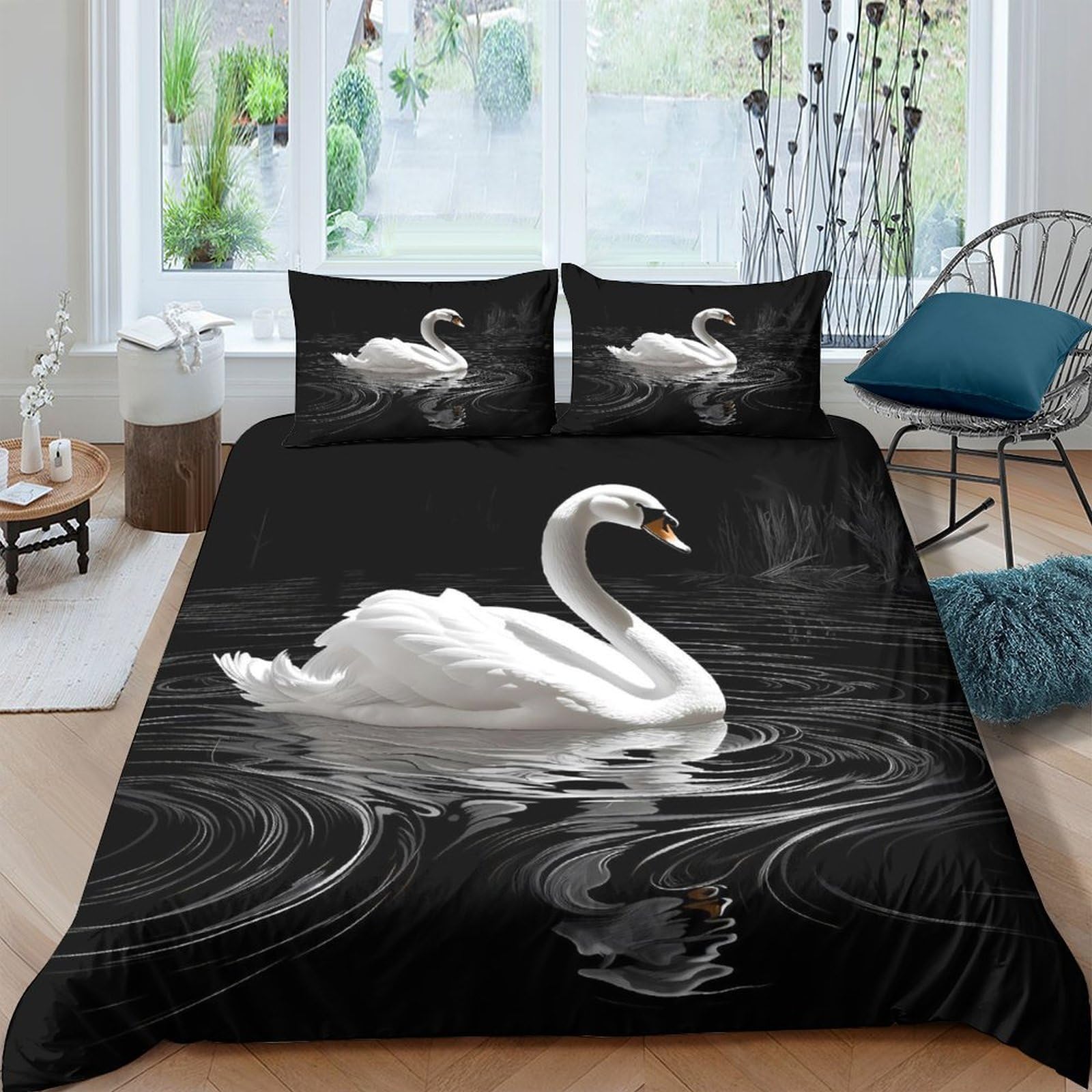 Ctjqhvkz Style-1 3D Printed Elegant Swan Fitted Sheet Microfiber Black Artistic Water Bed Cover For Bedroom Guest Room Decor Single（135X200cm）