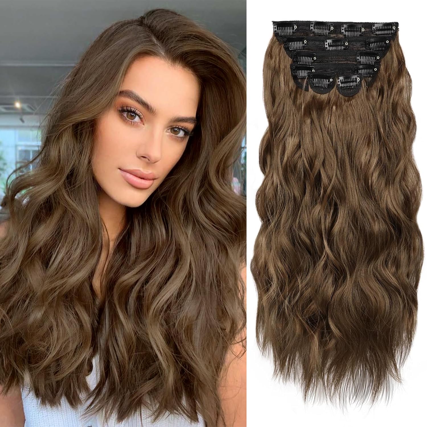 WECAN Clip in Synthetic Hair Extensions Long Wavy 6PCS Thick Hairpieces Chestnut Brown Fiber Double Weft Natural Hair Extensions 20 Inch for Women