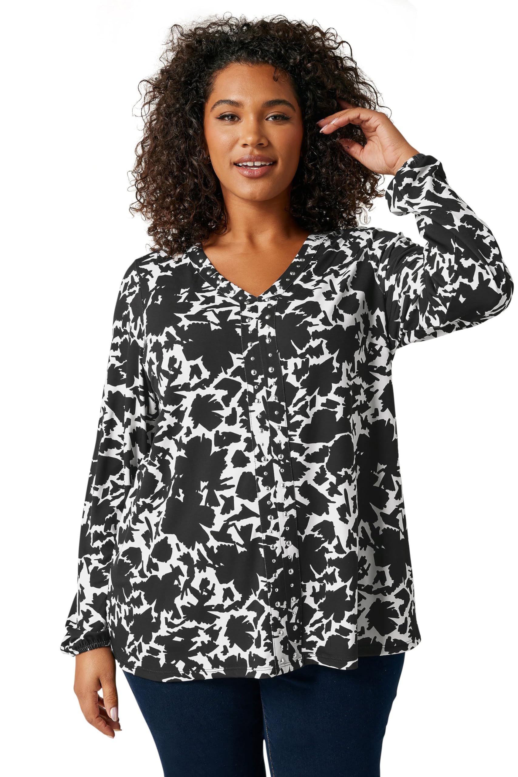 Evans Women's Black Plus Abstract Print Stud Blouse Size 22-24