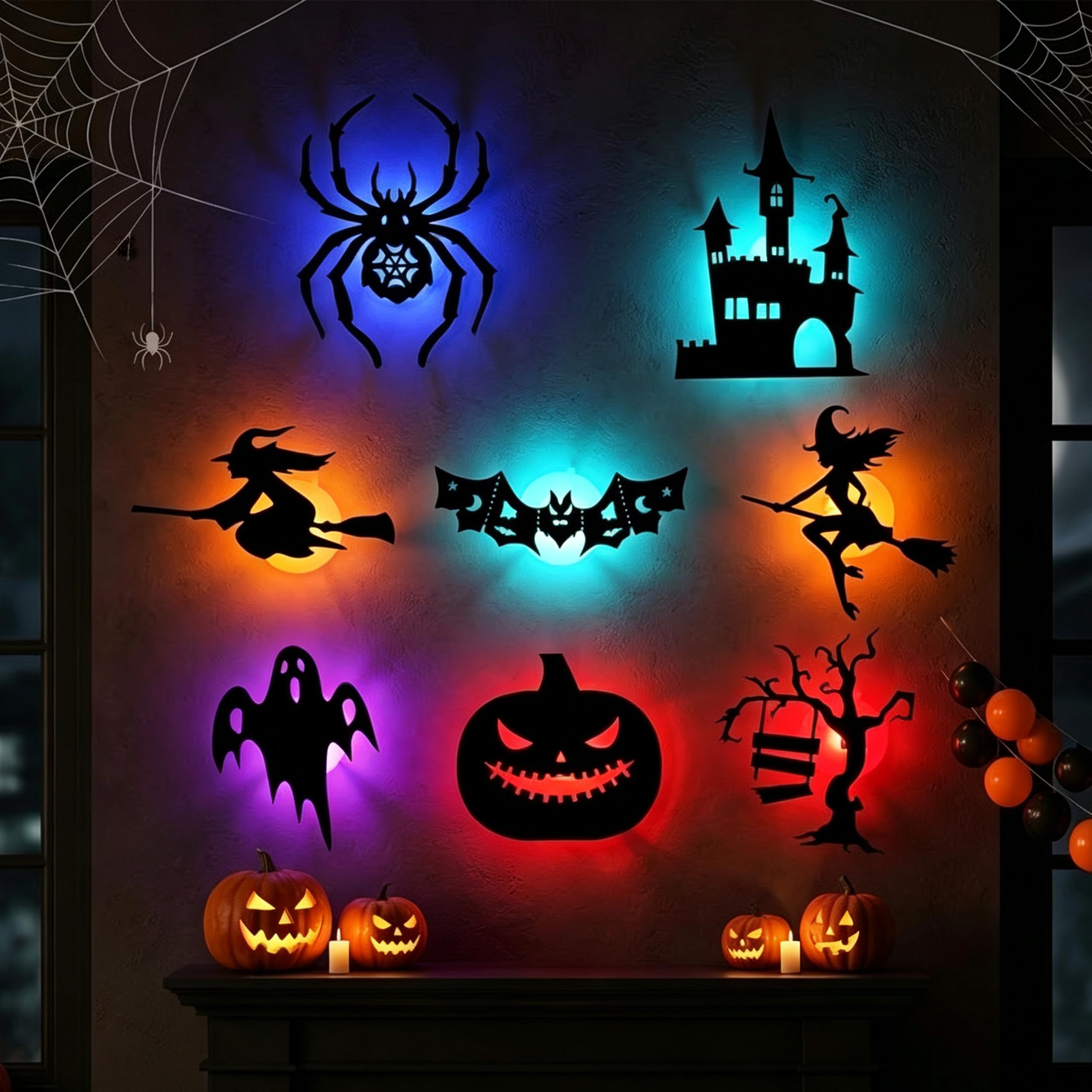 Halloween LED Silhouette Wall Lights Stickers, Spooky Peel & Stick Decor，8