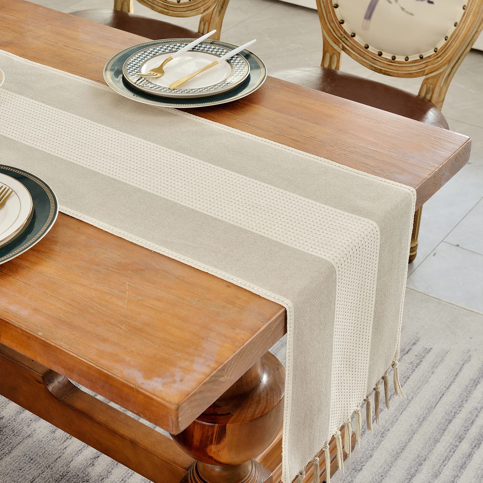 Wracra Runner da tavolo Macramè in lino e cotone, Runner da tavolo Caffè 275cm di lunghezza con nappe a mano, Runner da tavola in stile rustico per feste e uso quotidiano (Caffè Chiaro, 275cm)