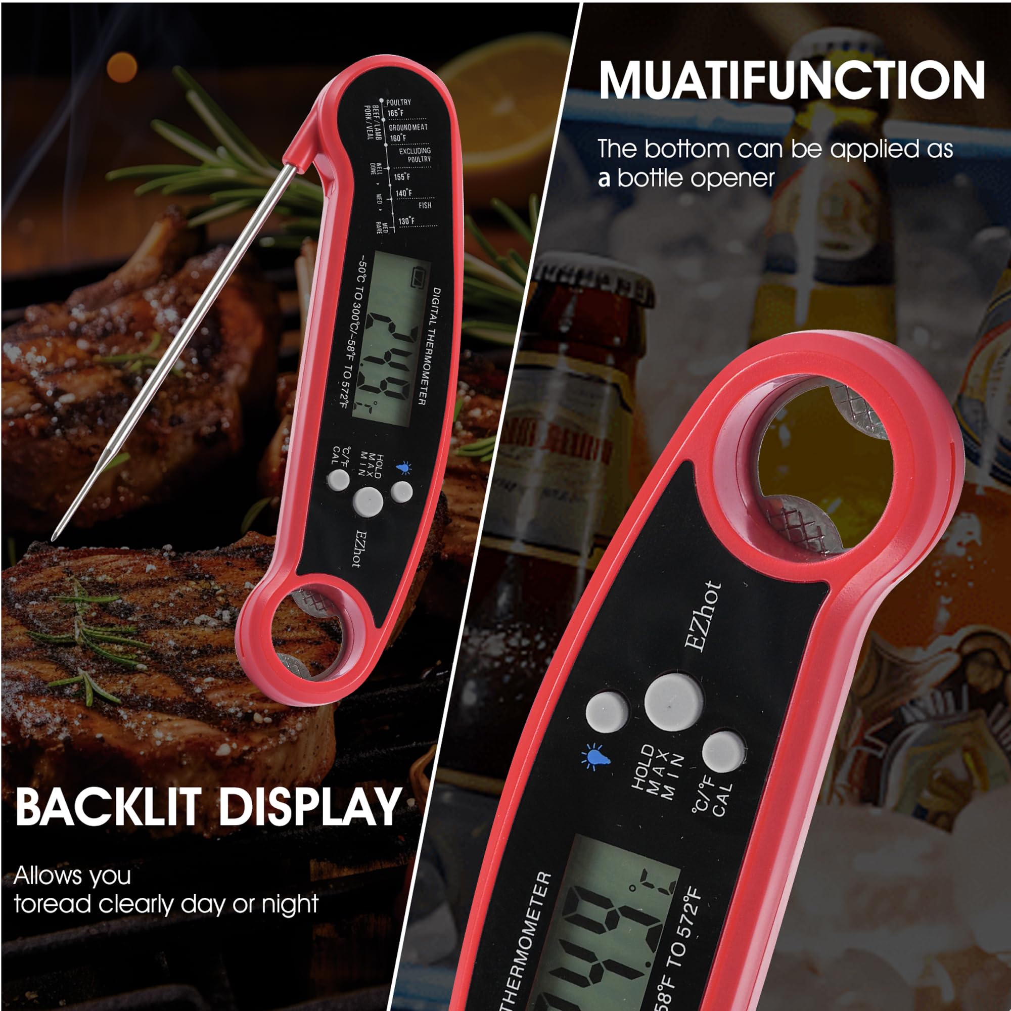 Termometro per alimenti: precisione per cucina e barbecue. La praticità di lettura istantanea offre temperature accurate per pasti perfetti. Il design retroilluminato impermeabile garantisce