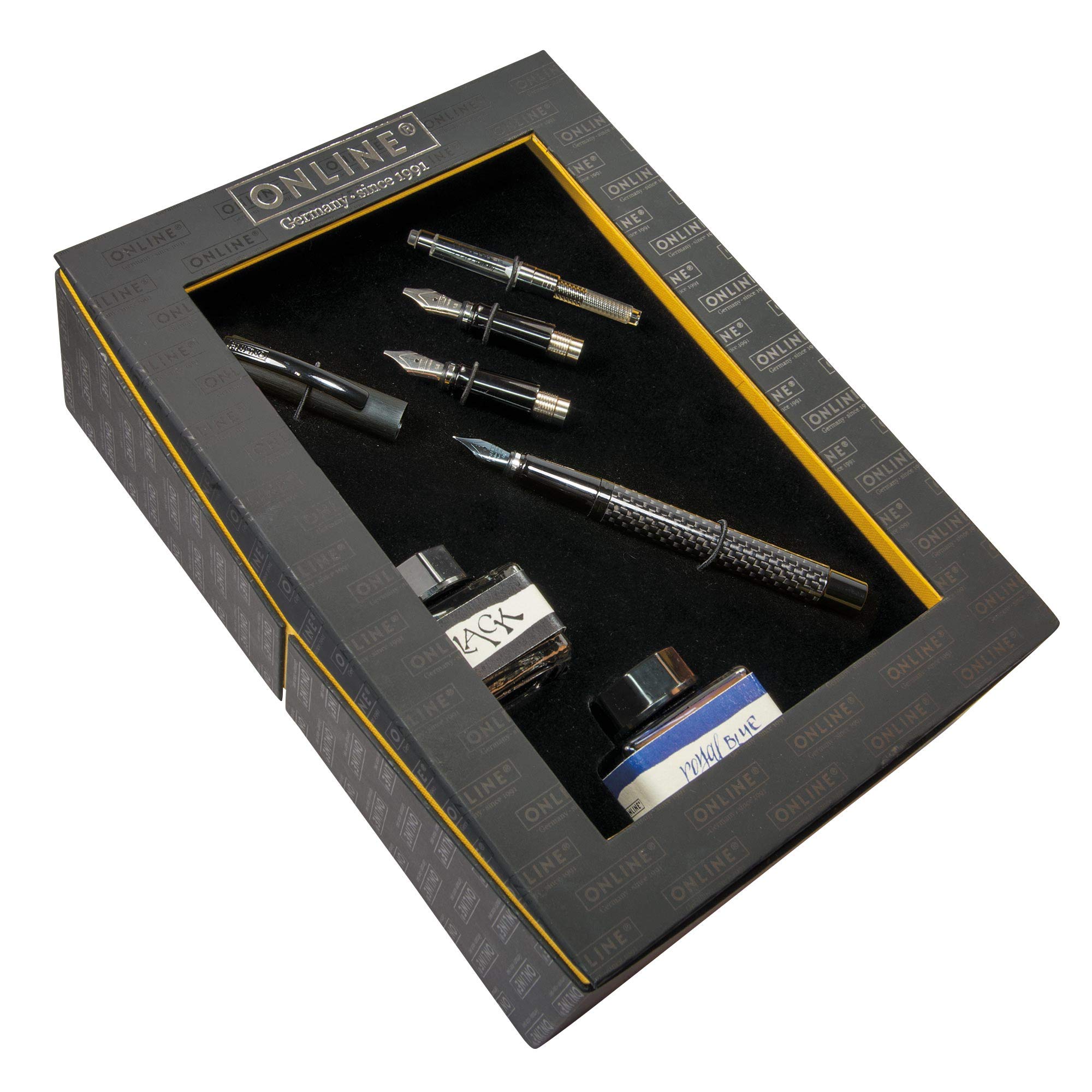 ONLINE 36083 - Set calligrafia Vision Carbon, penna stilografica con tre blocchi di calligrafia intercambiabili, 0,8/1,4/1,8 mm, convettore, due inchiostri, in scatola decorativa