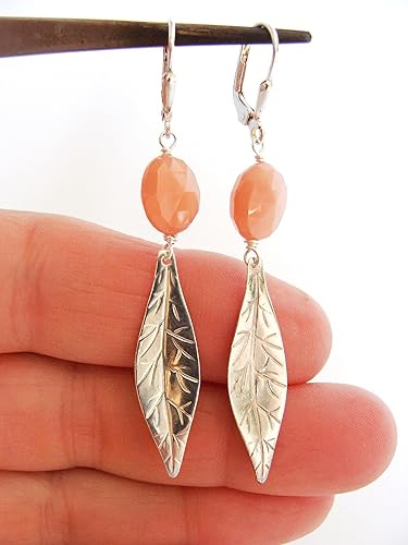 Miniatura 3 de Leaf and peach moonstone earrings, long, sterling silver, lightweight earrings, fun, nature theme, flashy, handmade