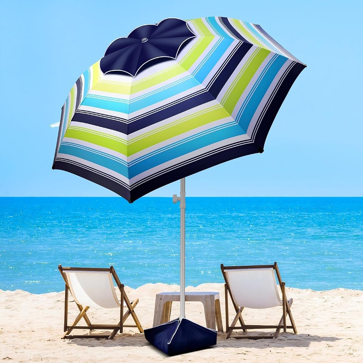 8FT Large Beach Umbrella with Wind Resistance Sand Anchor Sand Bag, Portable Outdoor Umbrella with UPF50+ UV Protection, Tilt Sun Shelter for Beach, Patio, Yard