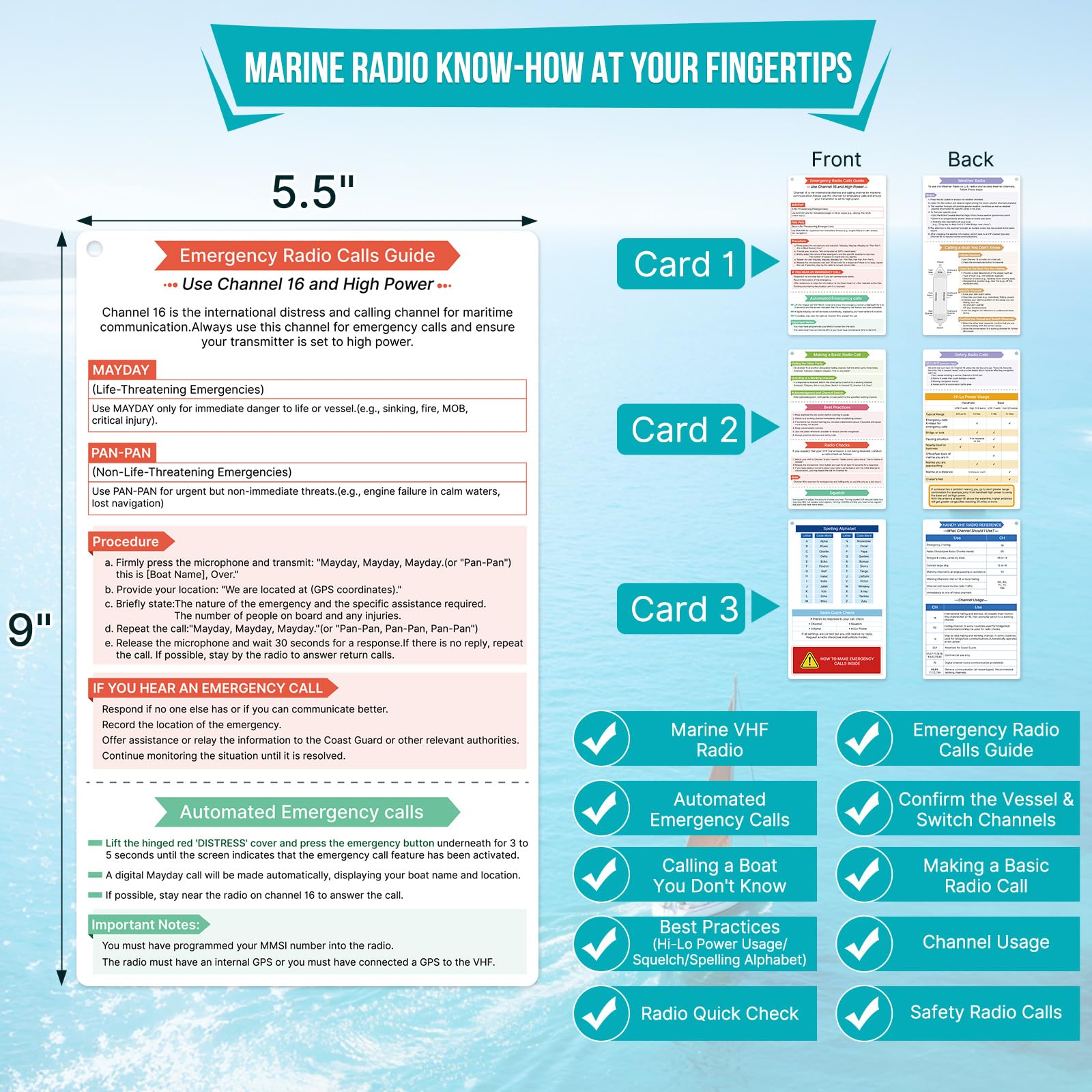 OCQOTAT Quick Guide for VHF Marine Radio-heavy plastic card,Handy Boating Must Haves,Boat Accessories,Safety Kit Reference,Pontoon&Sailboat Gear&Essentials,Perfect Sailing Gifts for Men,With Ring,3pcs