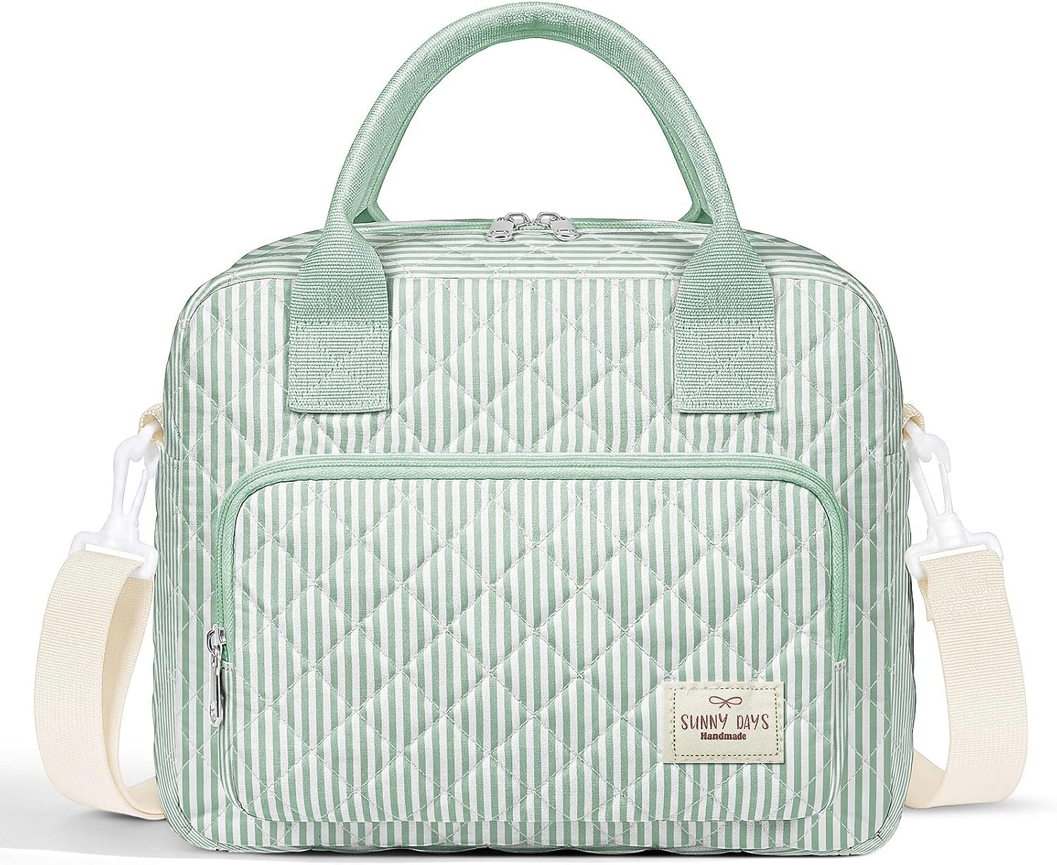 WOBAGMEN Quilted Lunch Box for Women, Insulated Lunch Bag for Adult, Cute Lunch Tote Bags for Work Picnic Travel (Green Stripes, M)