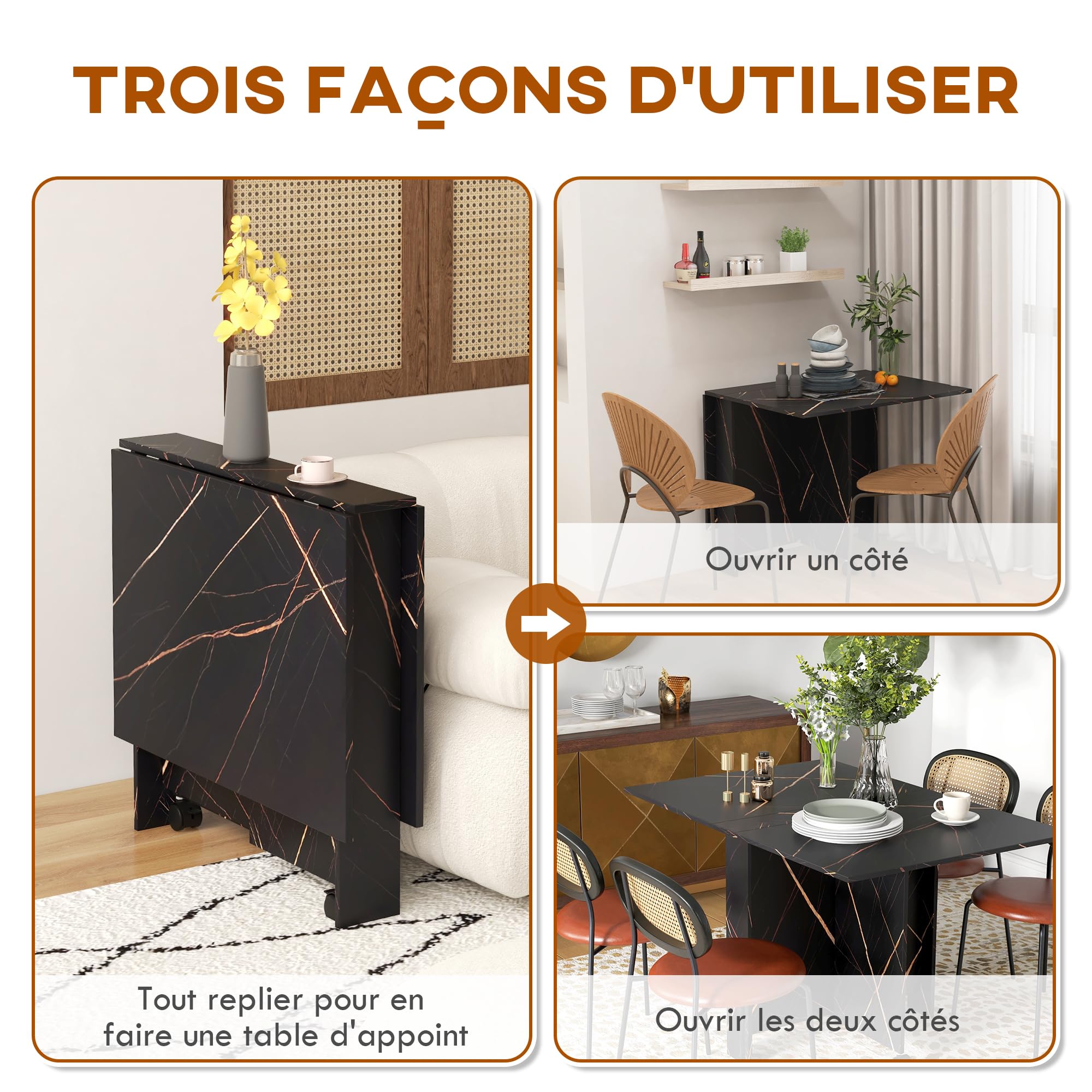 HOMCOM Table Pliante Cuisine pour 6 Personnes 120 x 80 x 73 cm Noir Marbré