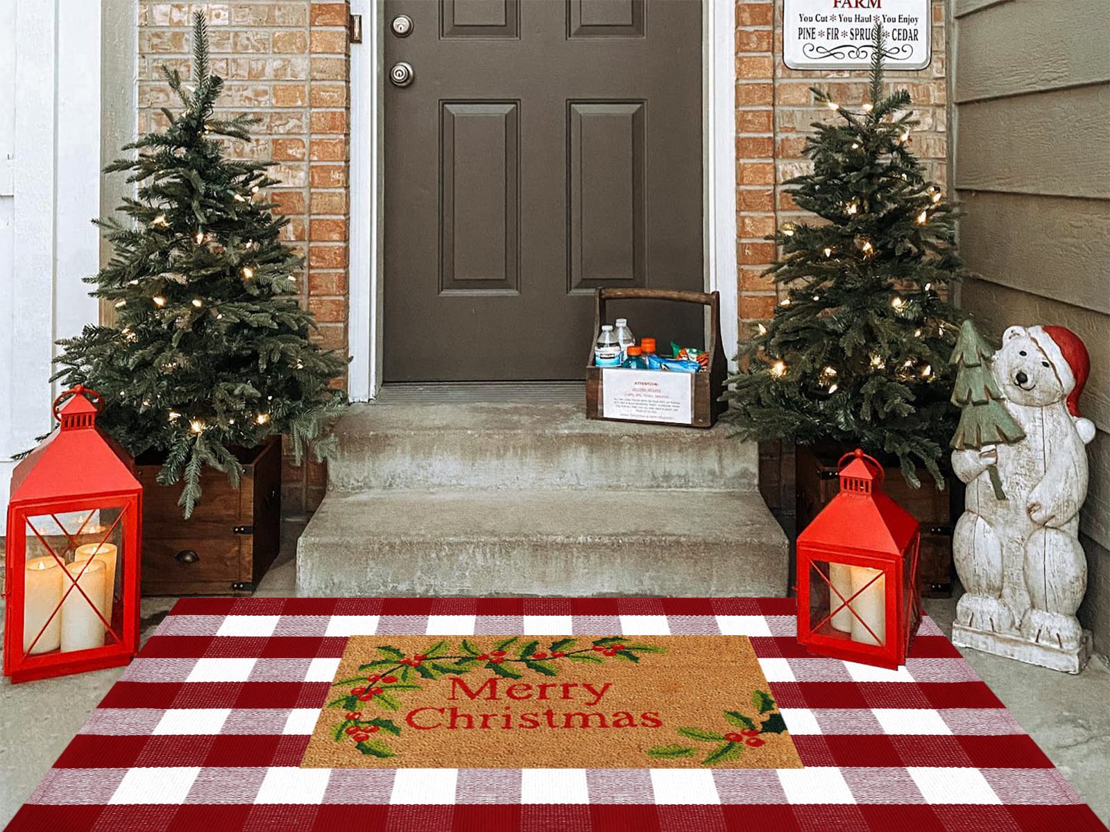 Ckorzen Alfombra de cuadros rojos y blancos, 3 x 5 pies, decoración navideña para puerta delantera, alfombra de algodón tejida a mano lavable para puertas de capas, alfombra para porche, entrada