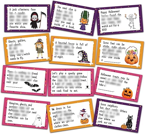 MagicalParty Scavenger Treasure Hunt - Tarjetas de juego de otoño de Halloween con bruja y calabaza, 12 tarjetas con sobres coloridos