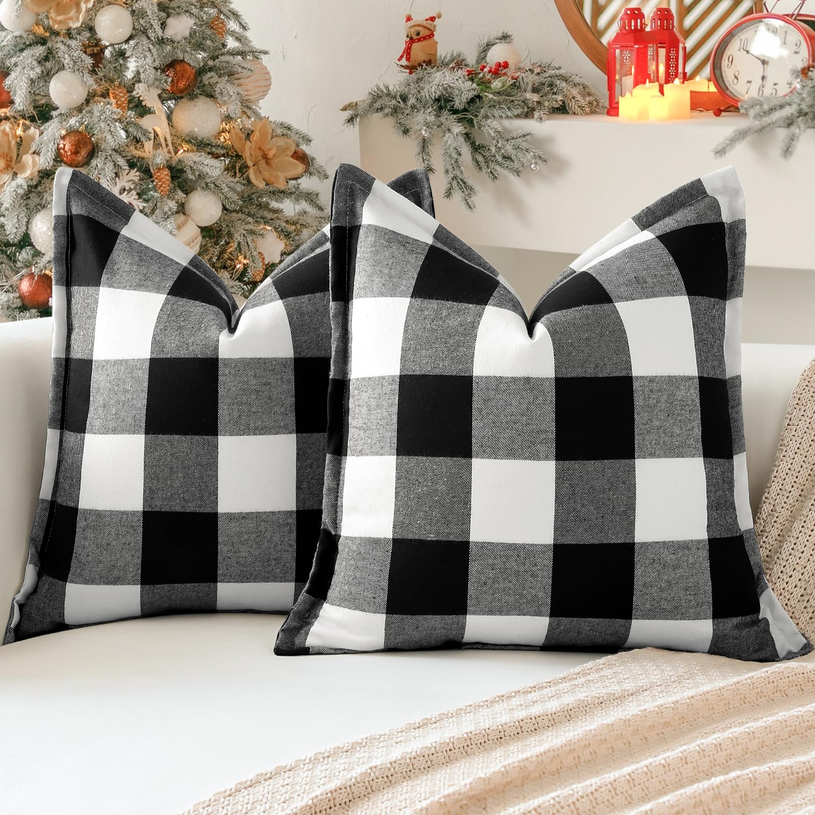 OTOSTARPack of 2 Buffalo Check Throw Pillow Covers 20x20 Inch Decorative Linen Tartan Plaid Square Pillow Covers with Stitched Edge Home Decor Pillow Cases for Sofa Bed, Black and White