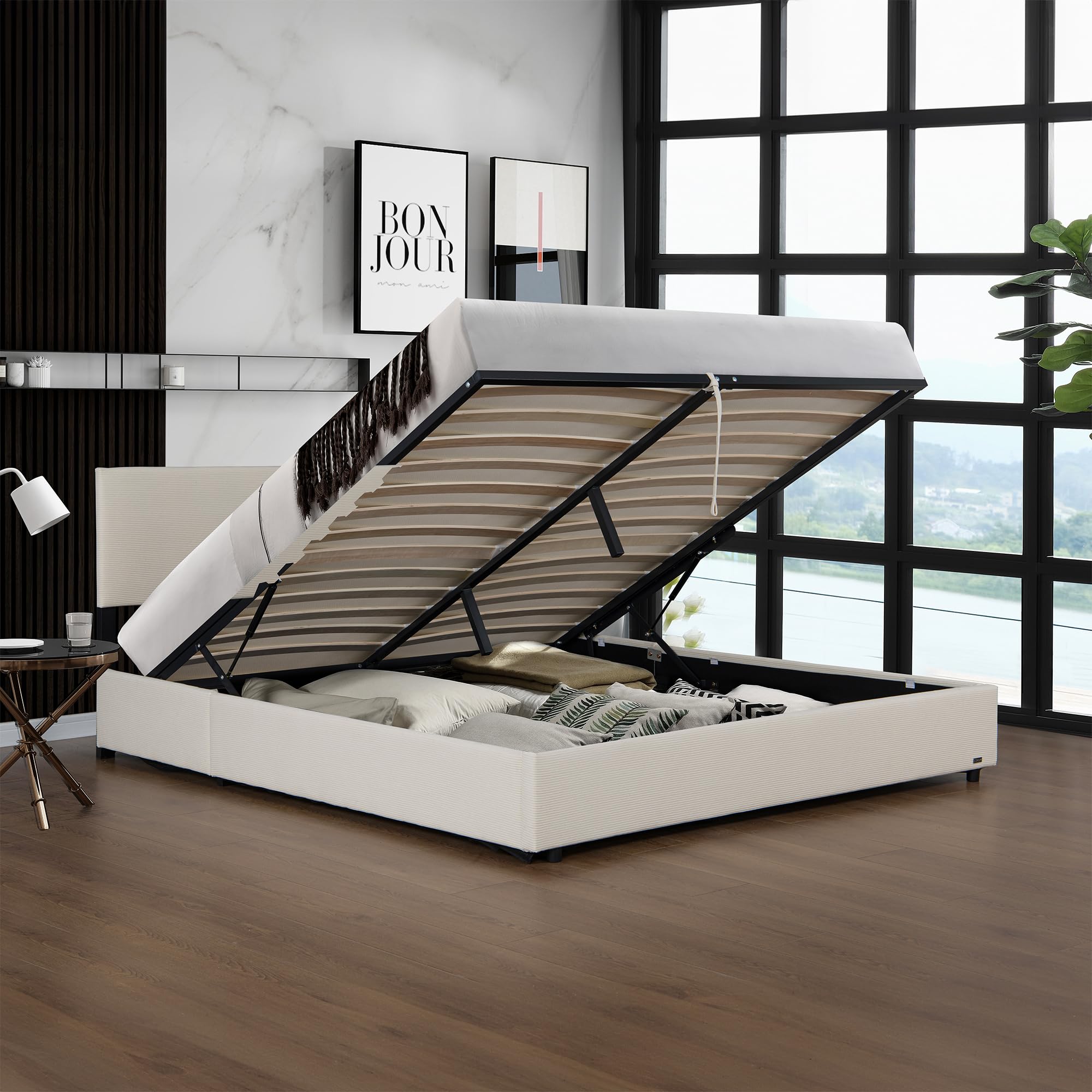Corium Letto Contenitore con Apertura a Ribalta Letto Matrimoniale 160x200 cm Struttura a 2 Piazze con Spazio di Stoccaggio e Testiera Rivestimento in Velluto a Coste - Beige