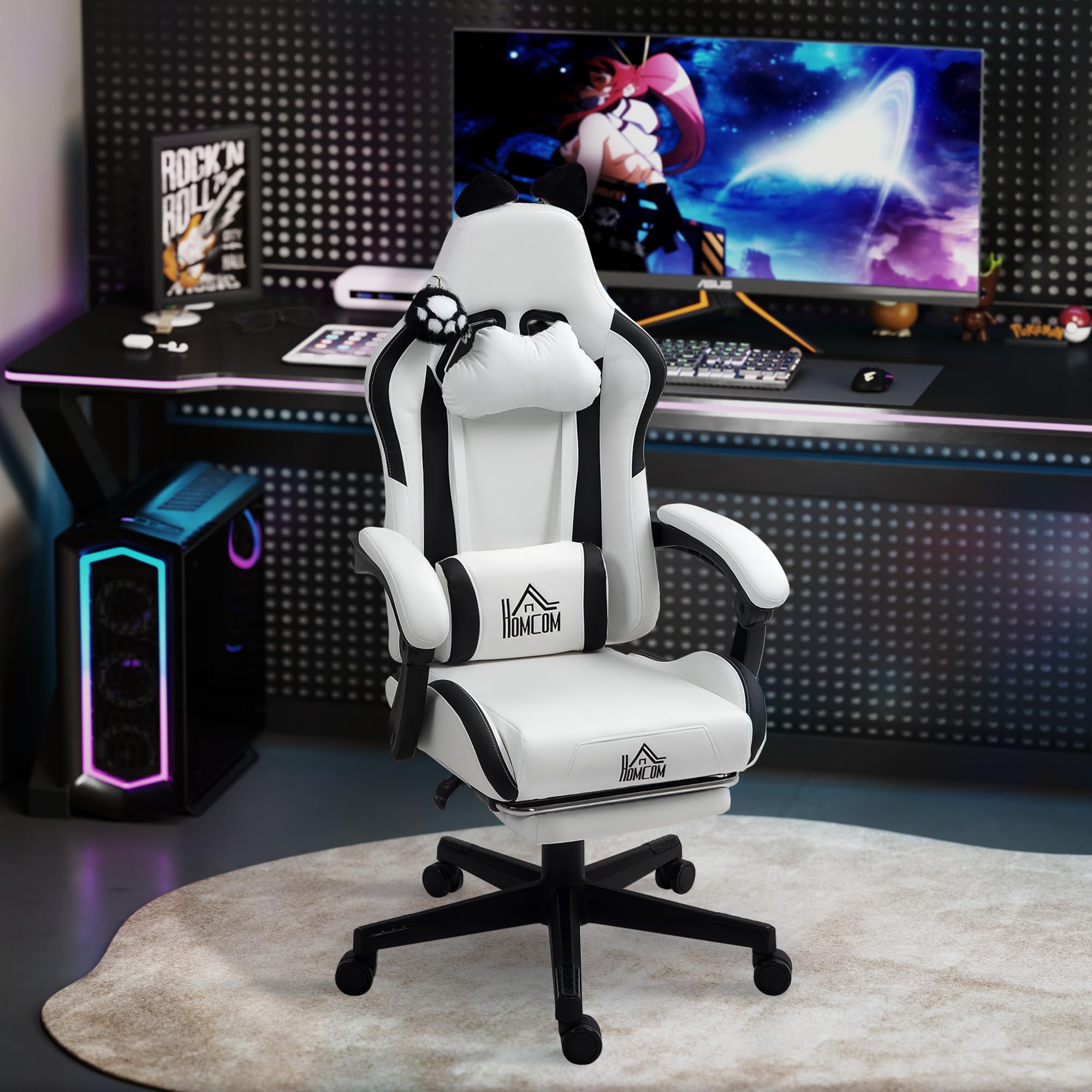 HOMCOM Chaise Gaming Ergonomique avec Oreilles de Chat Fauteuil Gamer Blanc