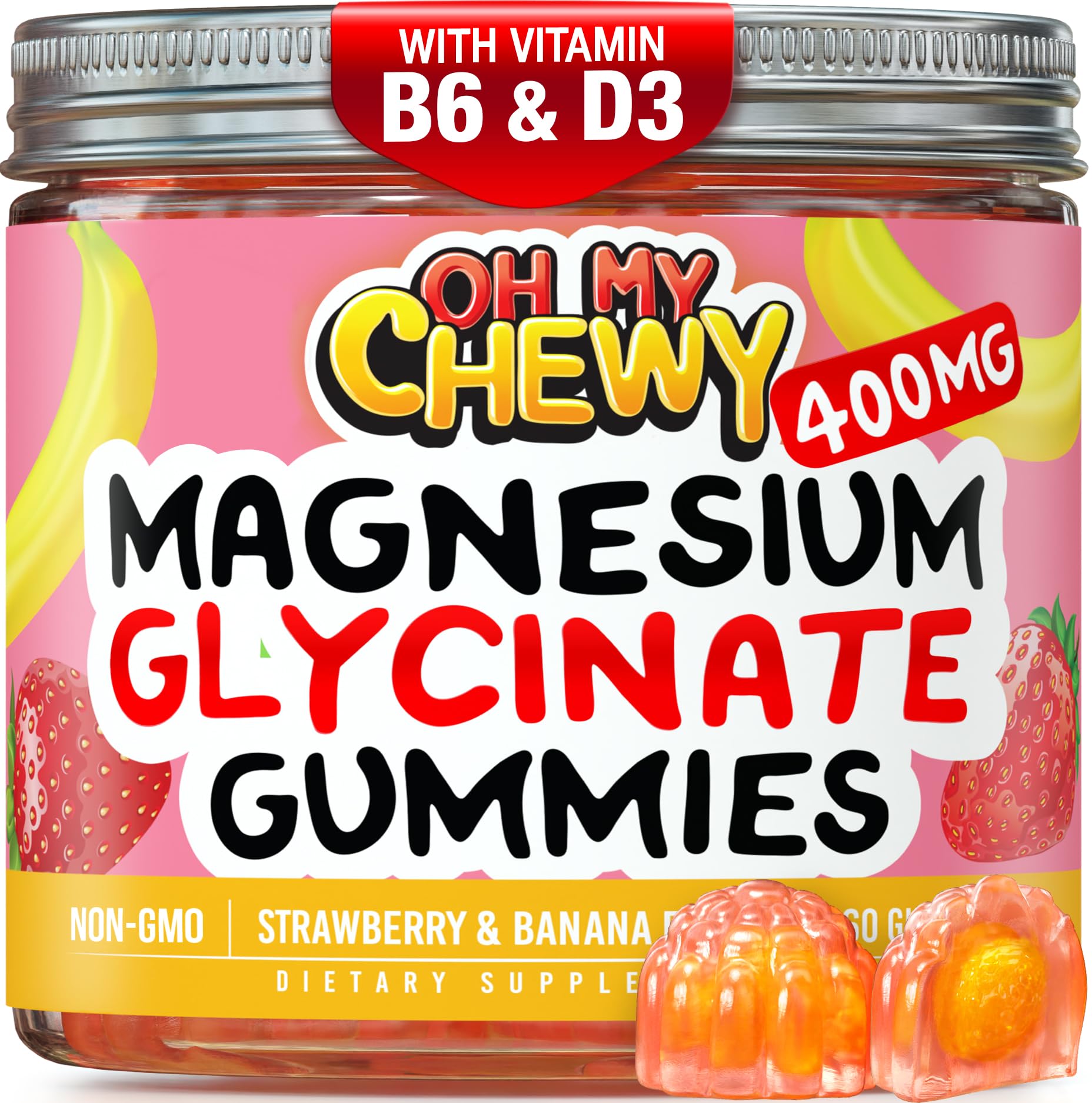 Center-Filled Magnesium Glycinate Gummies 400MG - High Absorption for Kids, Teens & Adults - Supplement for Sleep, Calm & Muscle Relaxation with B6 & D3 - Gluten Free & Vegan Friendly - 60 Count