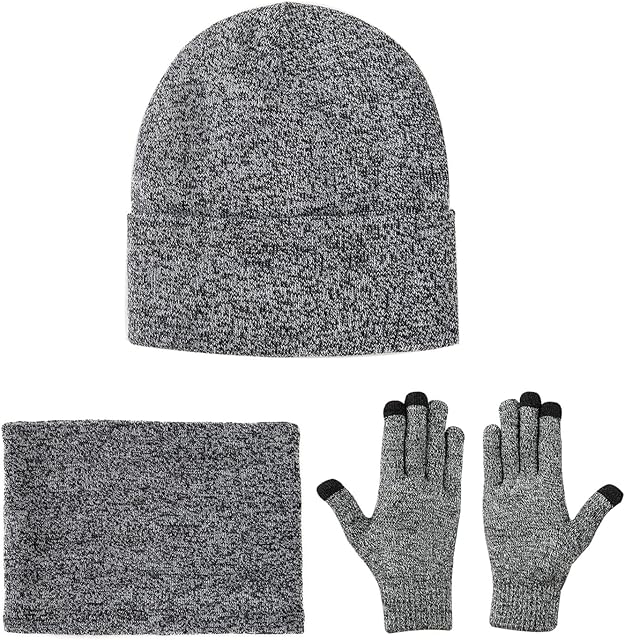 Lallier 3PCS Beanie Hat Scarf Touchscreen Gloves Set for Men and Women, Winter Fleece Lined Beanie Infinite Scarf and Gloves Set, Knit Beanie Hat Neck Warmer Mittens Sets