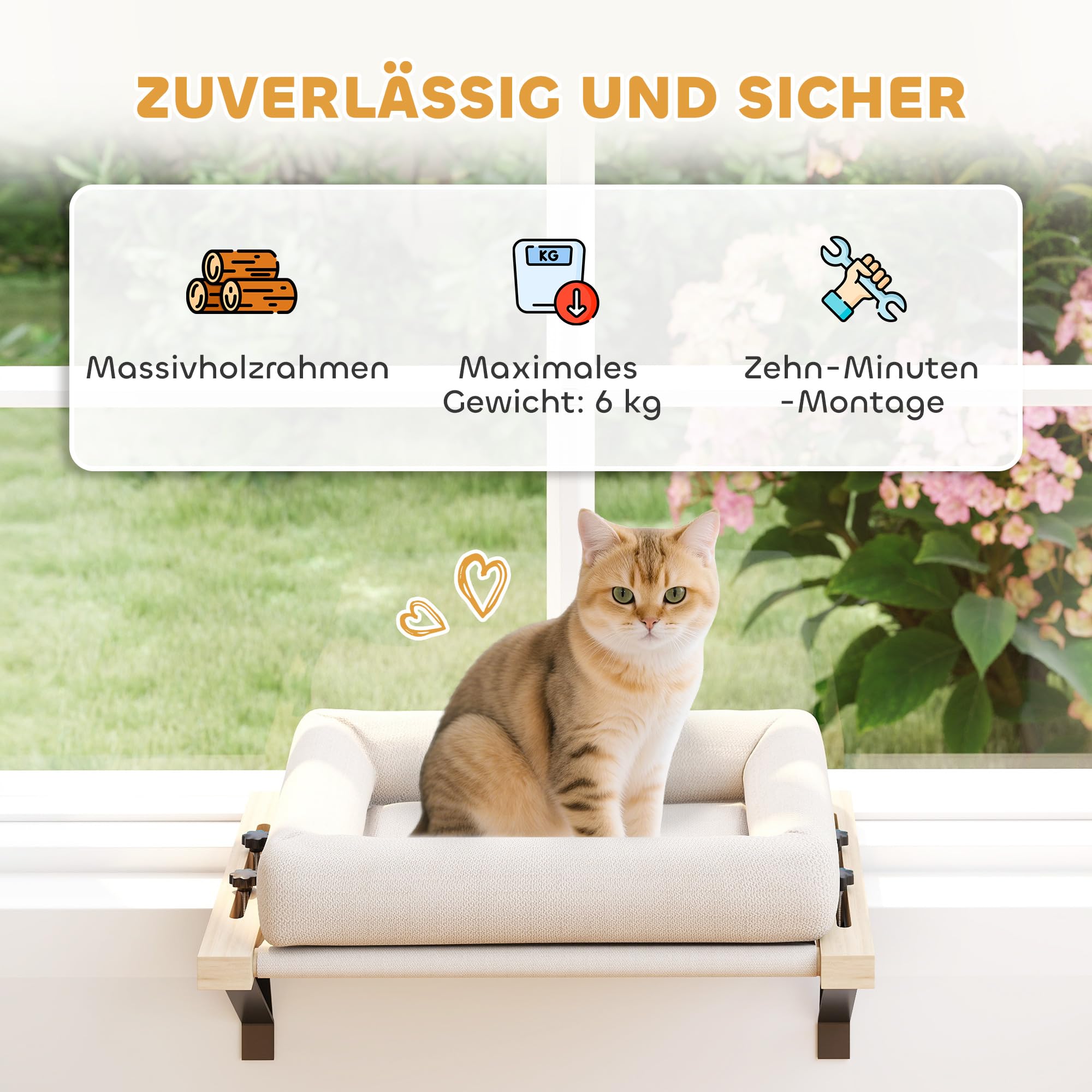 PawHut Heizungsliege, 50x36cm Katzen Katzenliege mit Verstellbarer Halterung, abnehmbarem, maschinenwaschbarem Kissen, Katzenbett Hängematte Heizkörper Katze, Cremeweiß