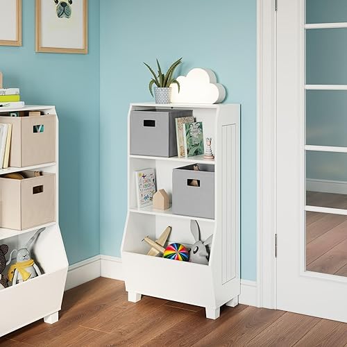 Miniatura 9 de RiverRidge Estantería infantil de 23 pulgadas con organizador de juguetes, color blanco Blanco,Blanco con 2 cubos Aqua,Blanco con 2 cubos