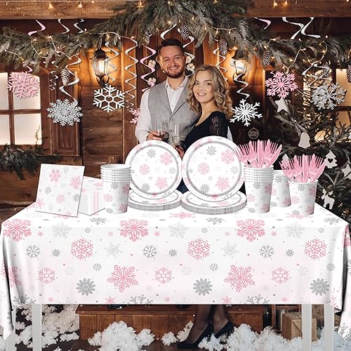 Miniatura 5 de 142 piezas de vajilla de copo de nieve de invierno, decoración de fiesta de copo de nieve de invierno, diseño de copo de nieve rosa y blanco con